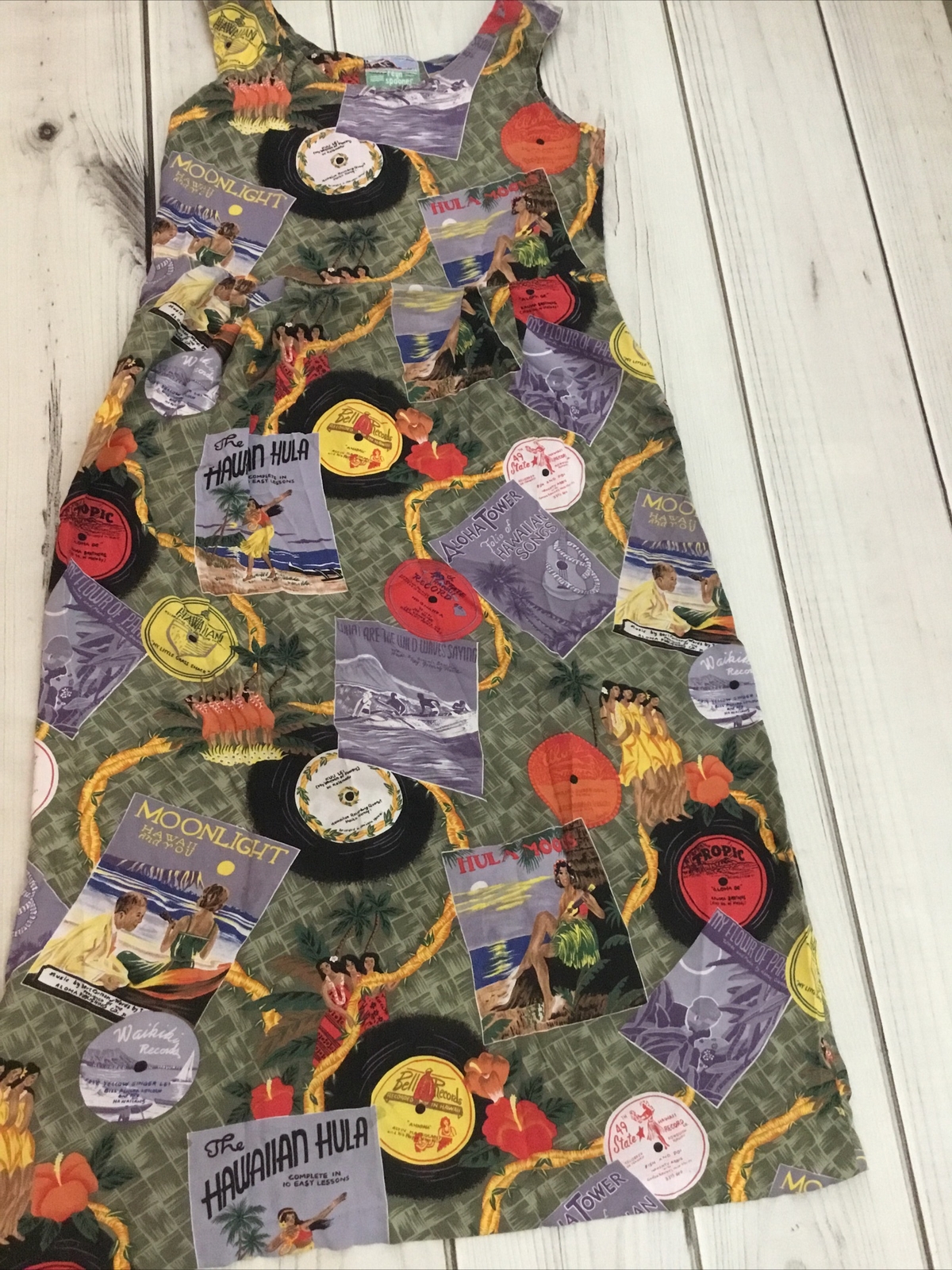 Vtg Reyn Spooner Women’s P Maxi Tank Dress Music Records Hula Dancers Hawaii