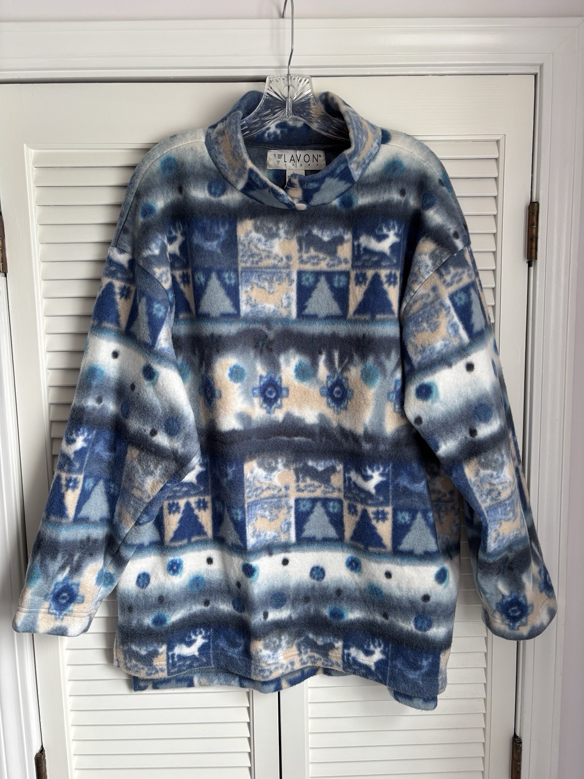 Vintage Lavon Sport Blue Pattered Fleece Pullover Size Large