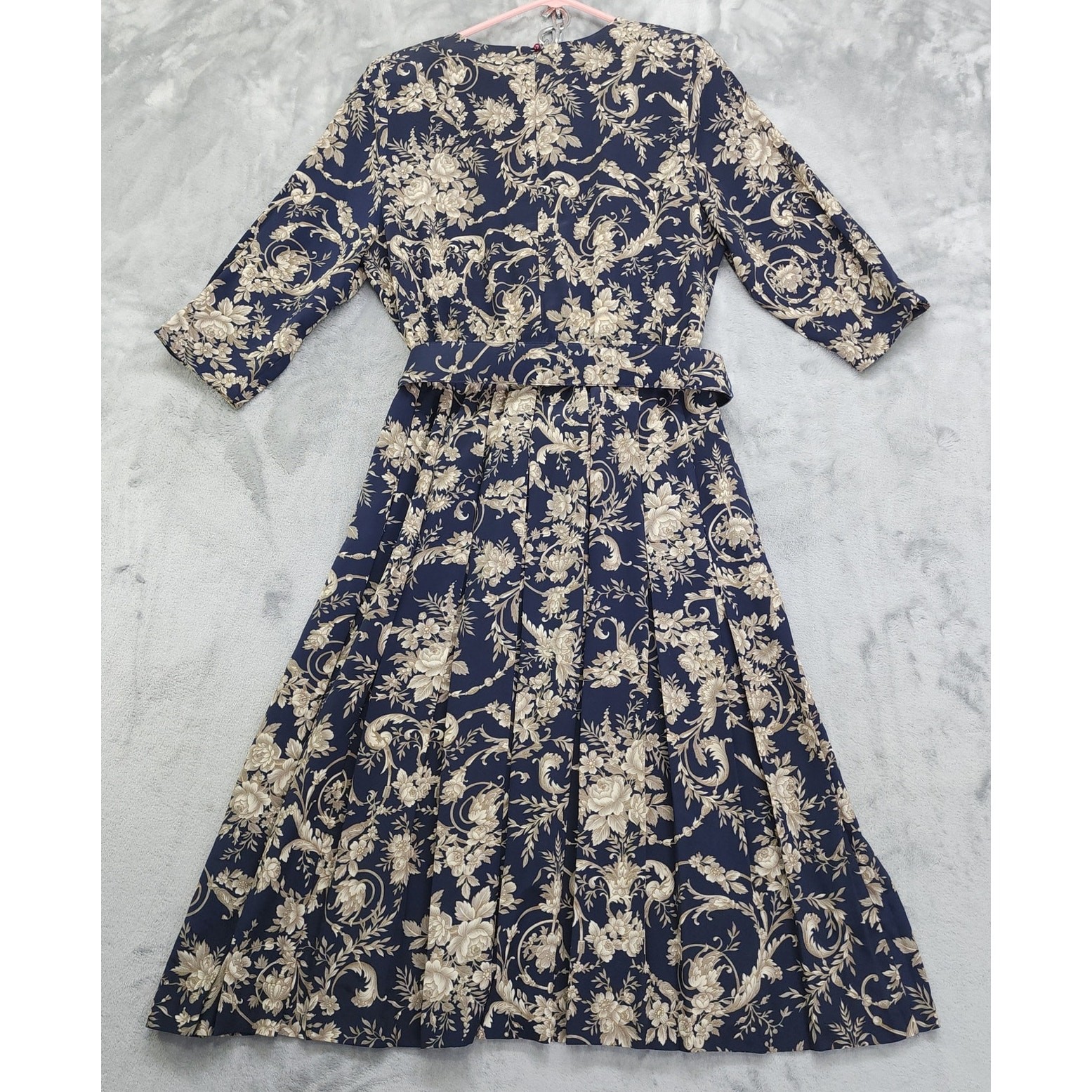 Vintage 80s Pellini by Von Bramlett Dress Size 14 Blue Tan Floral Belted Pleated