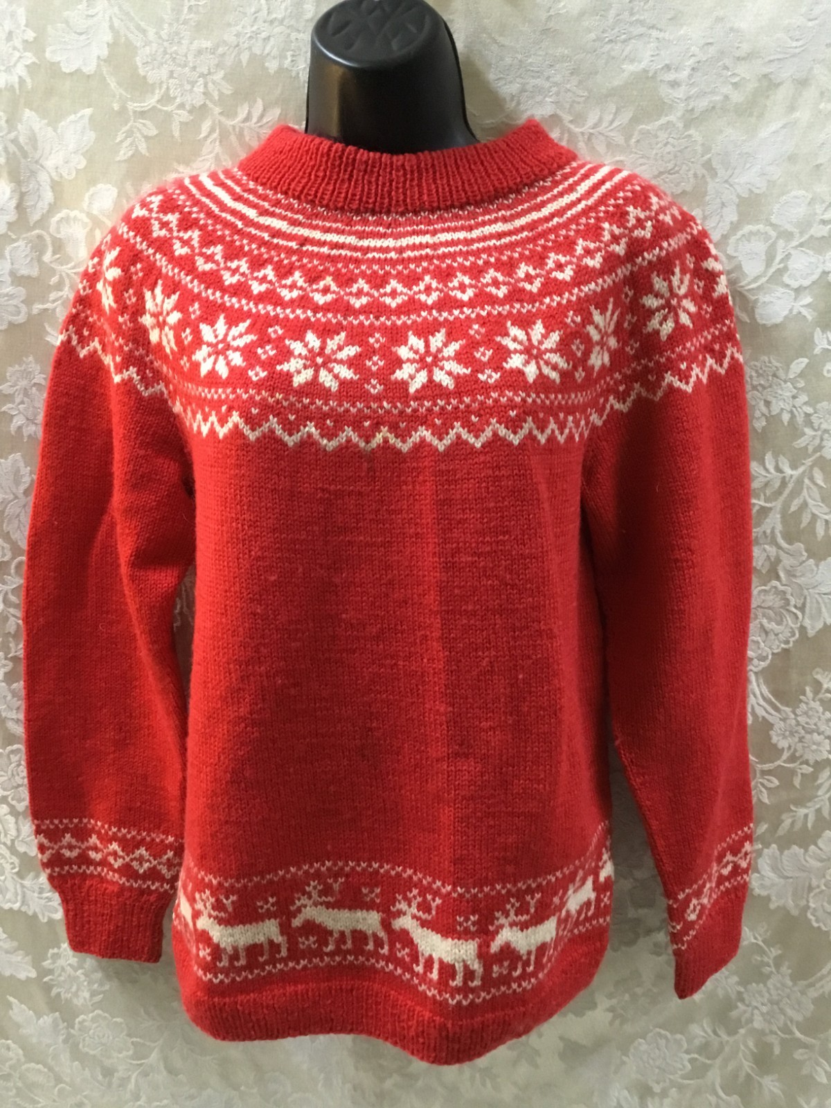 RED Handknit 100% Pure New Wool ViTaGe crew Norway DEER snowflakes O. Allers A.S
