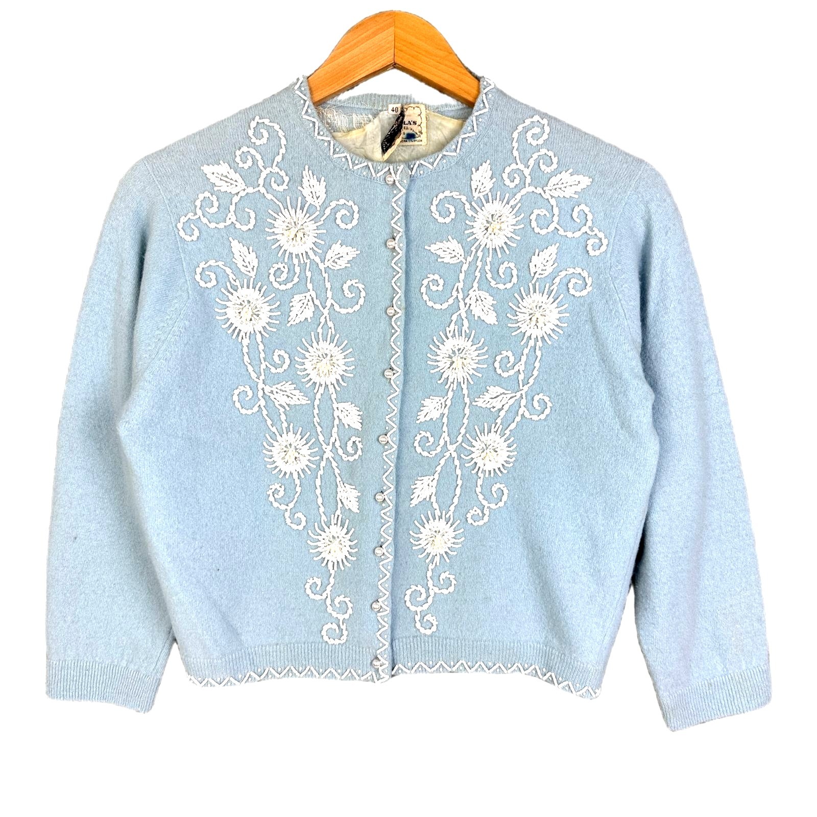 Harilelas Beaded Cardigan Women Medium Blue Lambswool Angora Vintage Floral Crop