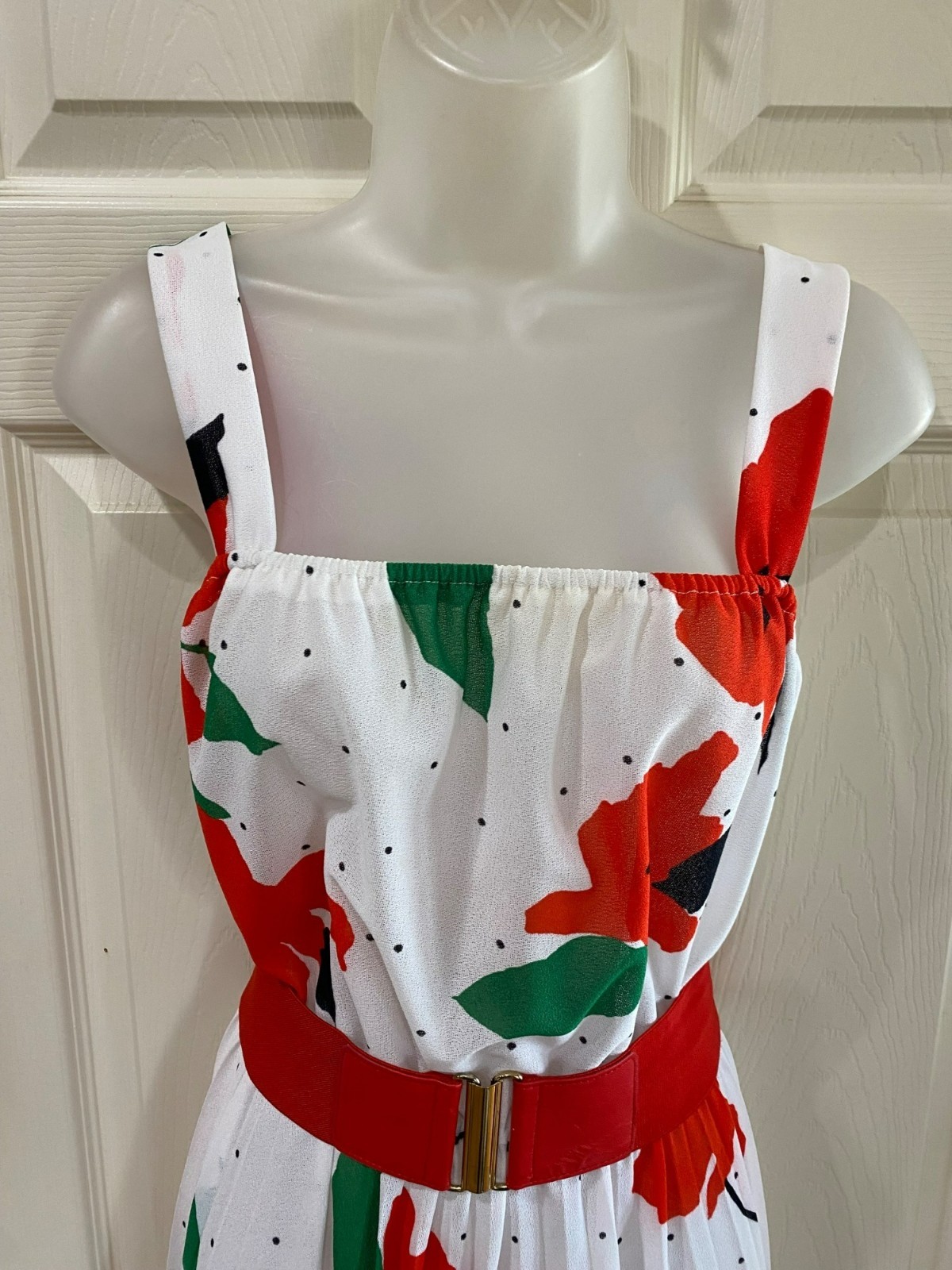 Vintage Haggar’s Women’s Wear Floral Polka Dot Pleated Midi Dress White Red Gree