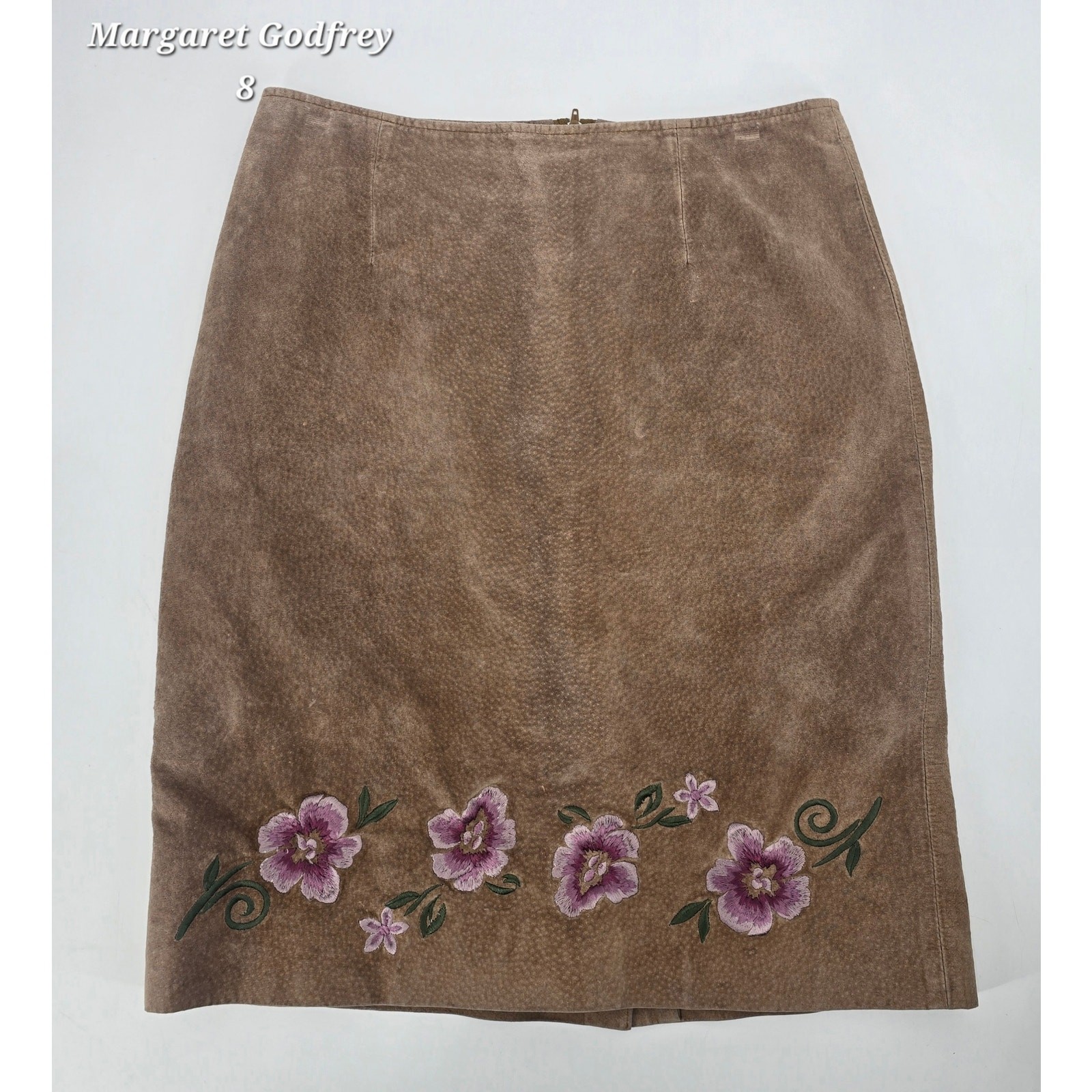 Margaret Godfrey Suede Leather Embroidered Midi Skirt 8 Floral Boho Earth Tone