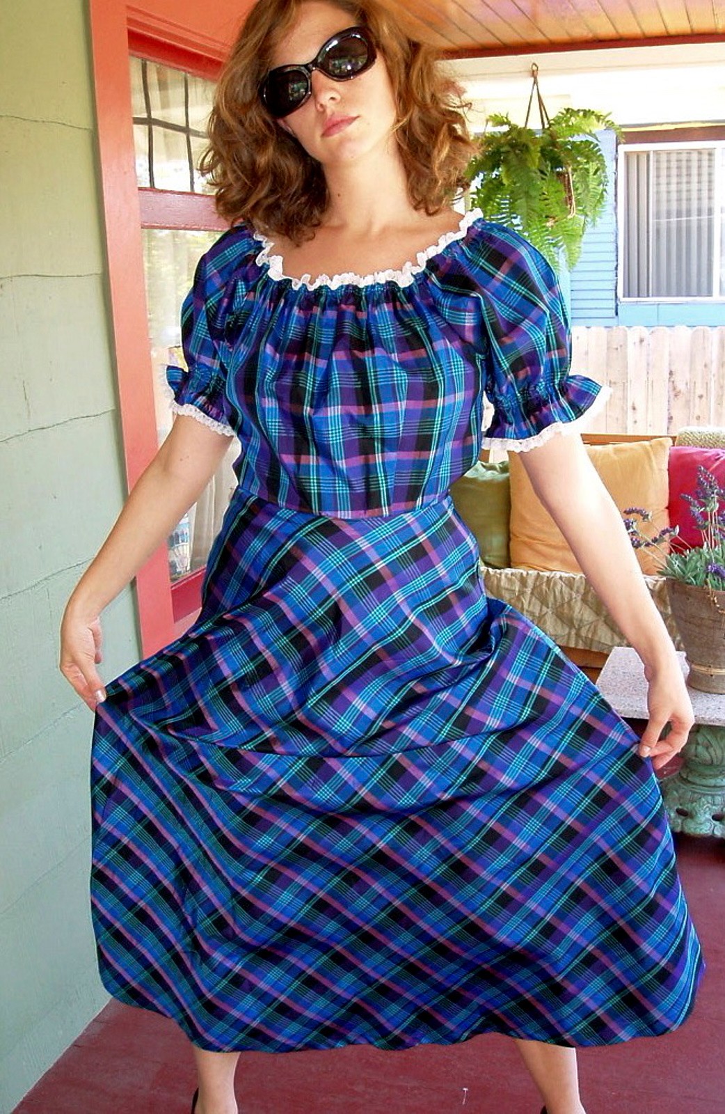 VTG 80s Steam Punk Victorian Crisp Satin Taffeta Plaid Puff SLV Swing Dress M/8