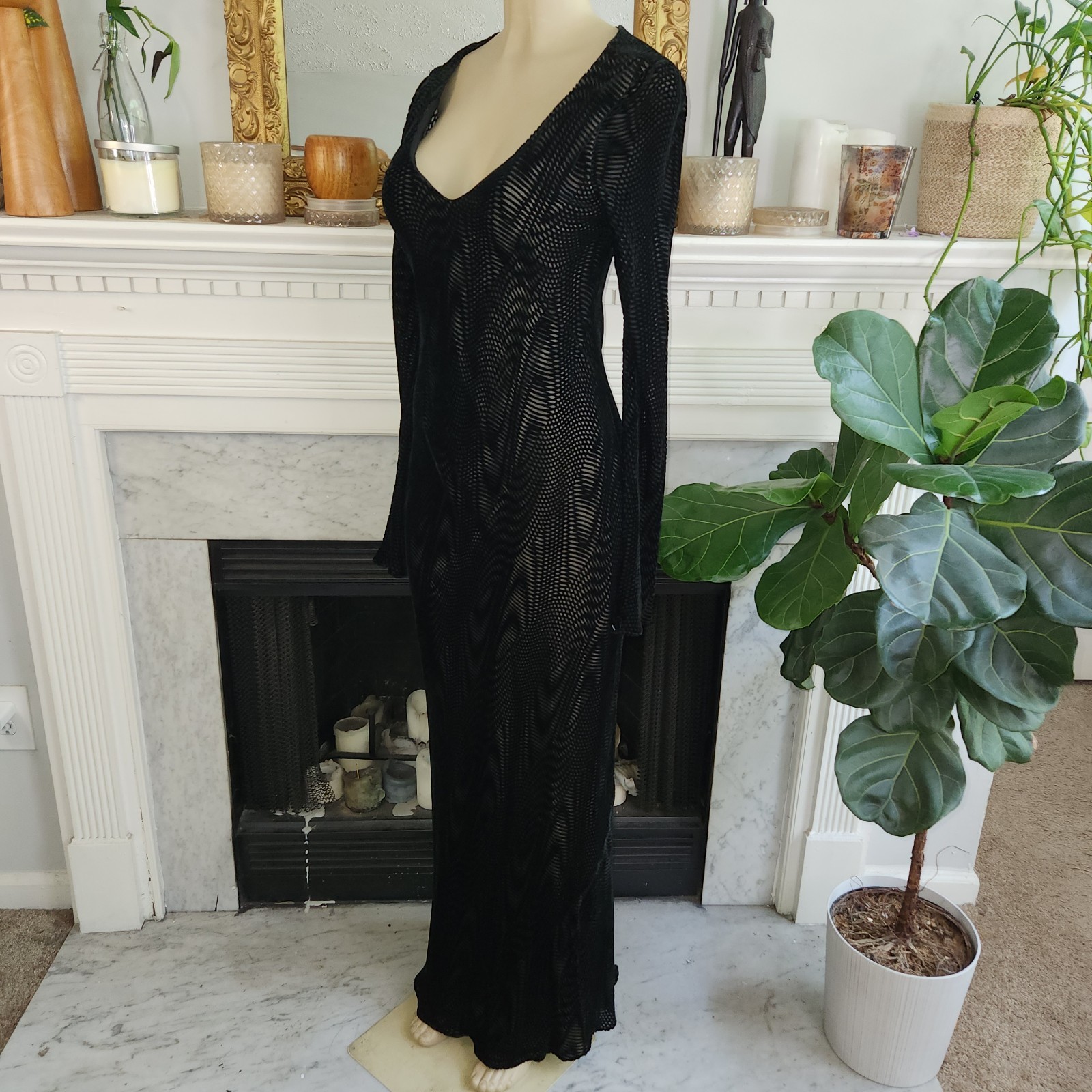90s Helen David Devoré Velvet Burnout Black Maxi Dress Sz 8 Goth Dark Romantic