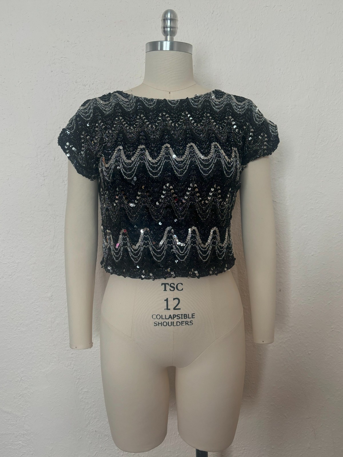 1970s Black and Silver Sequin Crop Top, by Rhoda Lee, Medium to Large