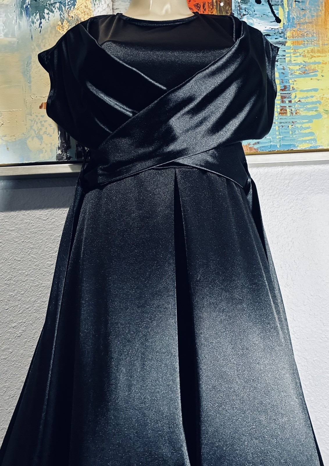 Vtg Black Shiny Spandex Wrap Front Long Dress S