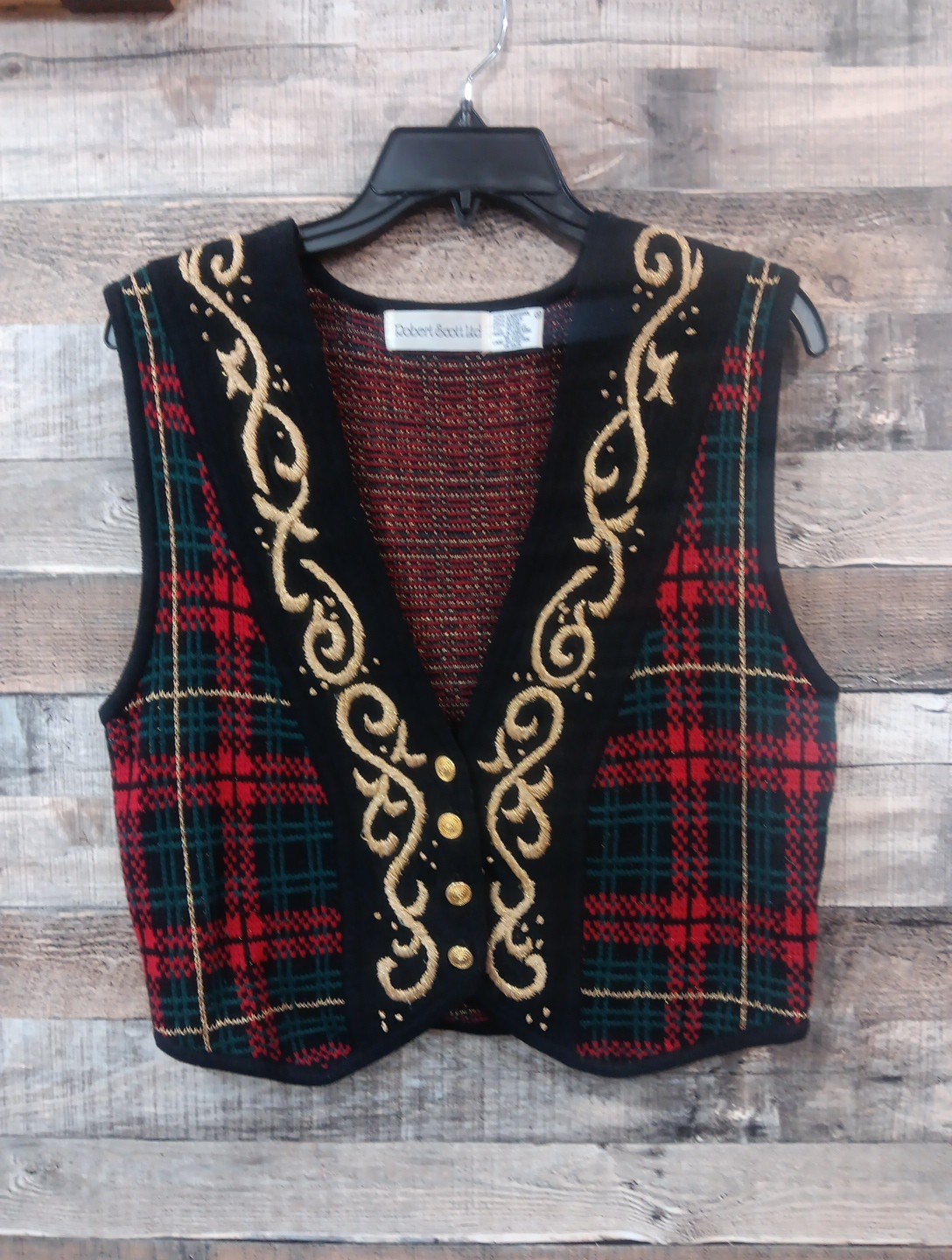 Robert Scott LTD Women’s LambsWool Mix Vest, Gold/Plaid, Size Small