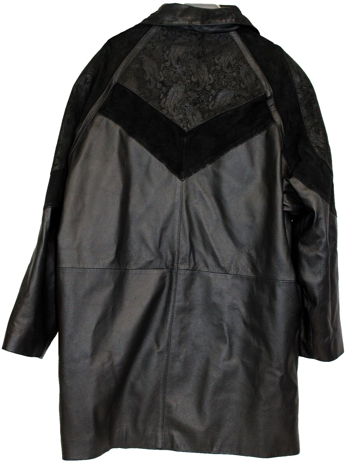 Vtg 80s Preston & York Leather Coat sz XL BLack Embossed Paisley Suede Modern