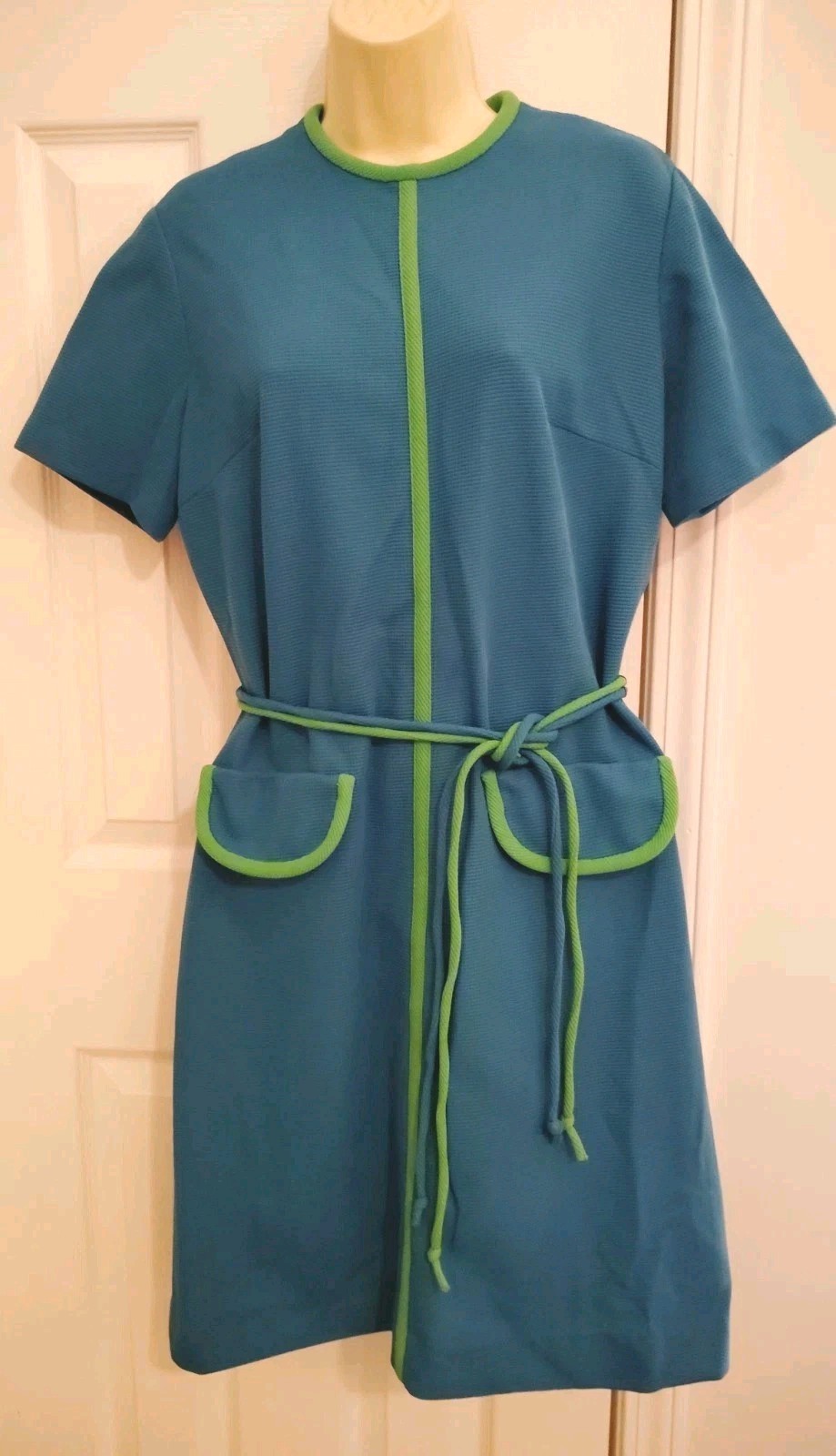 VTG 1960s Pat Perkins dress CAREER s/s blue green trim belt 'pockets’ 12 14 16