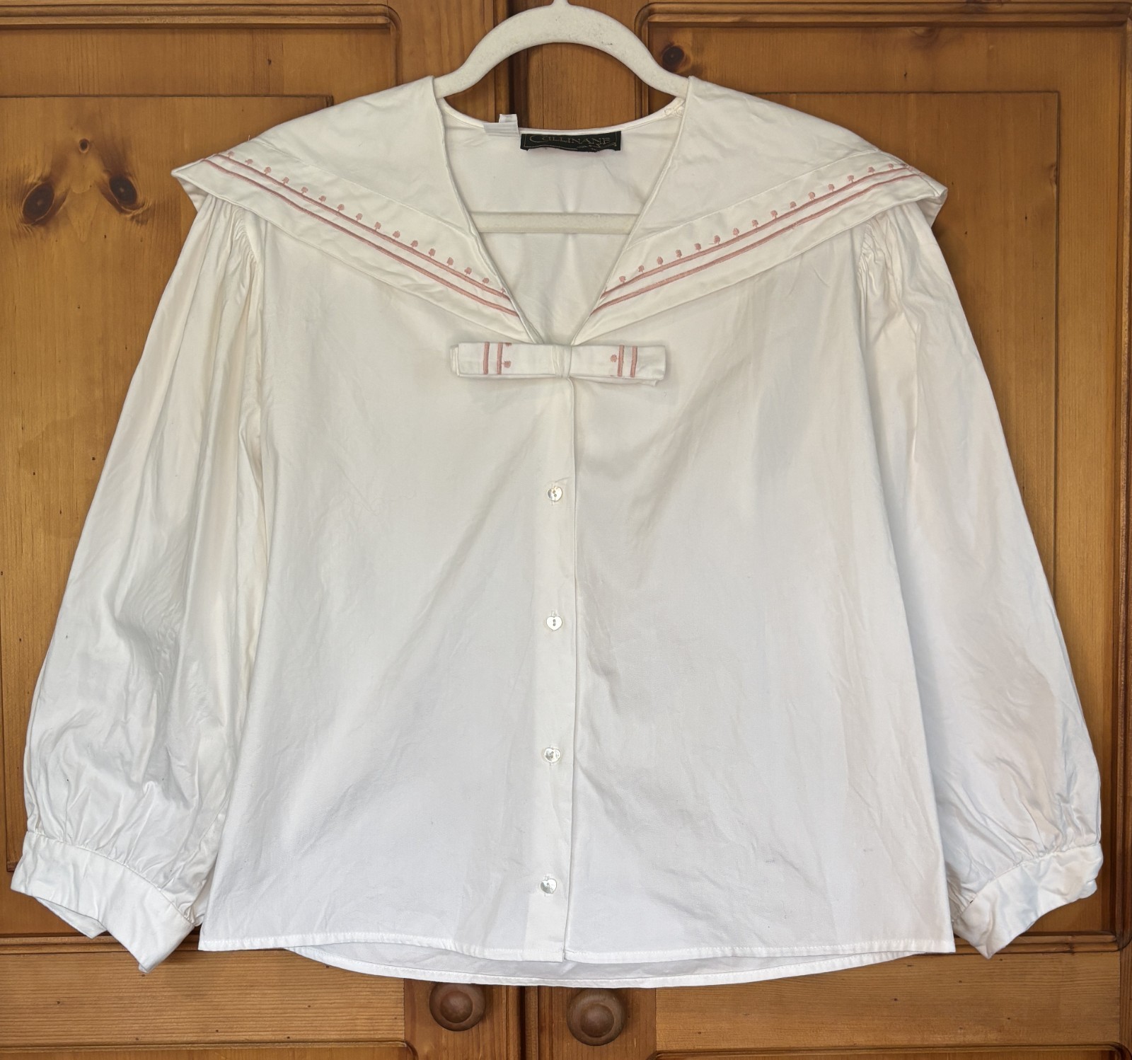 Vintage Cullinane White Cotton Nautical Womens Blouse Size 8 Button Down w/ Bow