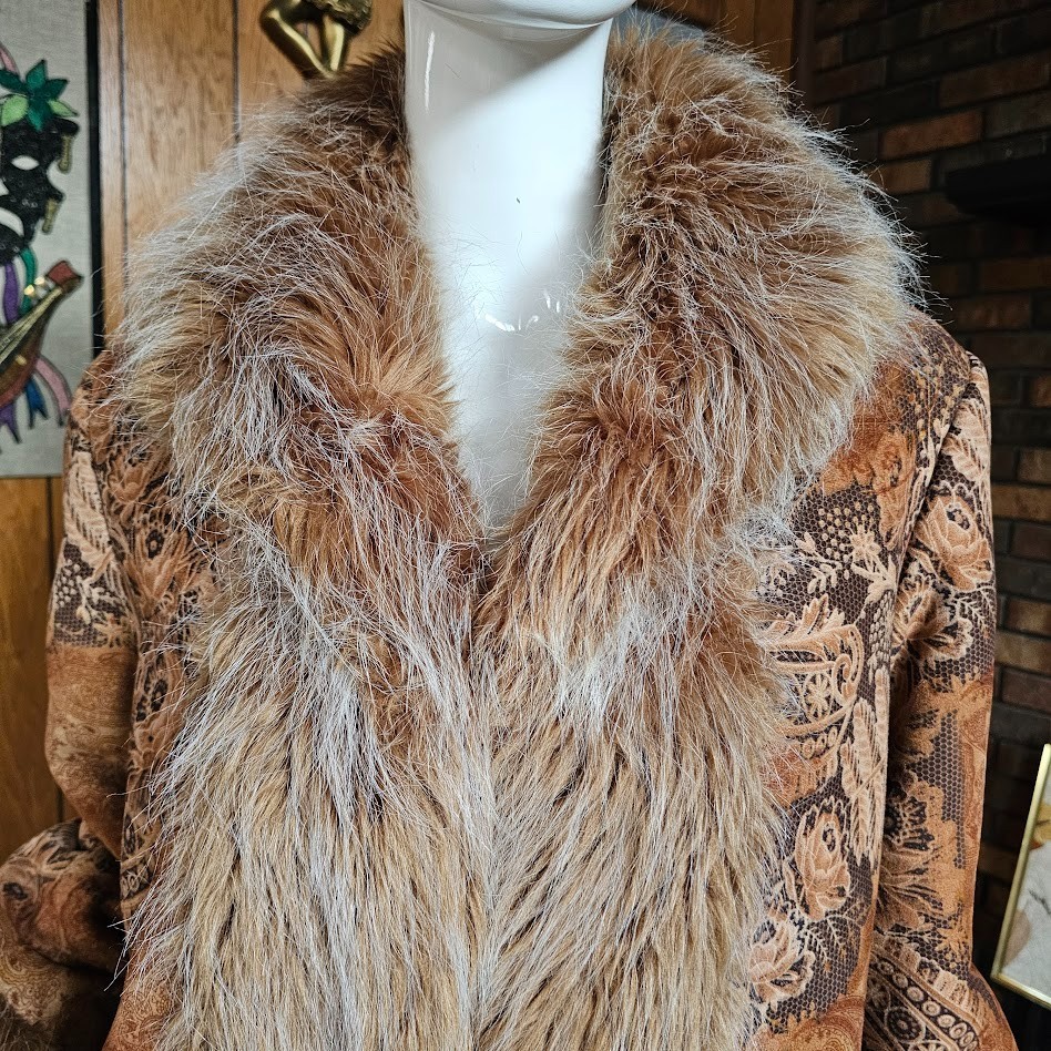 Vtg 90s do 70s Penny Lane Hippie Faux Fur Jacket Shaggy Afghan Tapestry Coat M