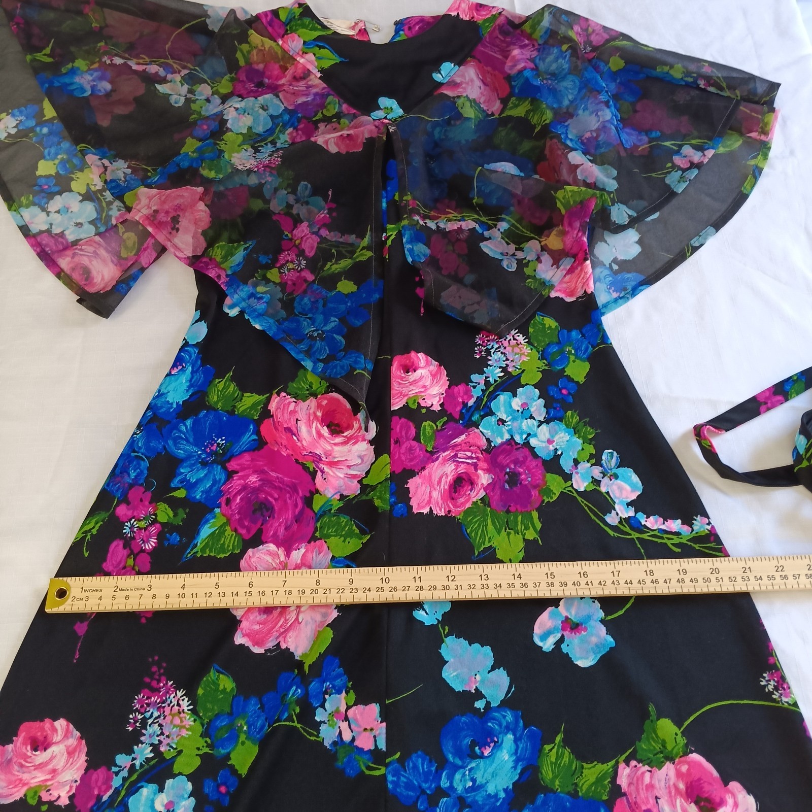 Vintage Floral Cape Sleeve Secretary Dress Black Pink Blue Chiffon Belted Sheer