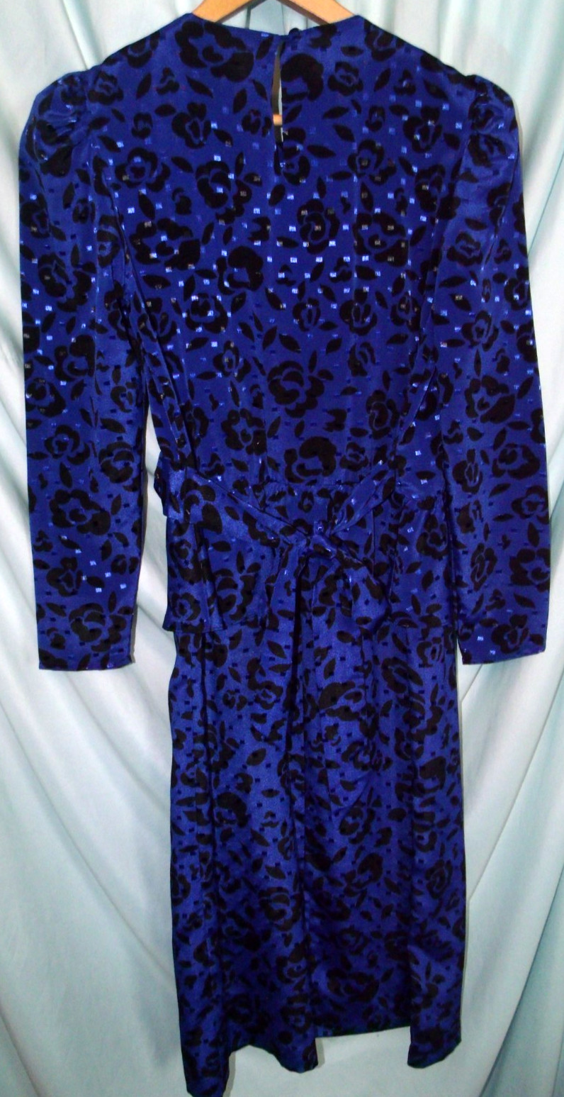 VTG Jody Calif. Blue Geometric Midi Peplum Sheath Dress Women’s Sz 14 80s Retro