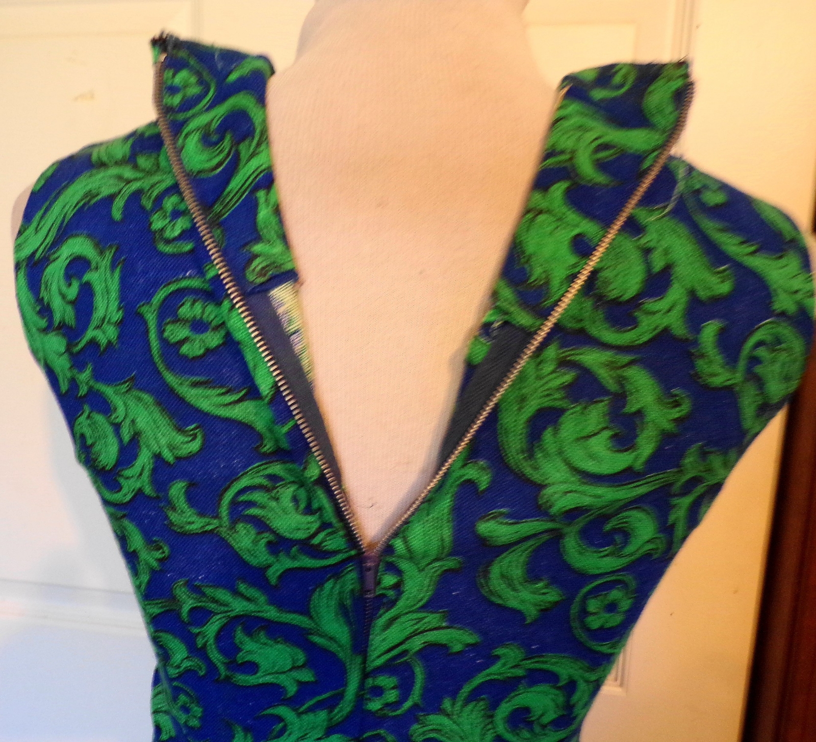 Vintage 60s 70s Blue Green Cotton Weave Dress Helen Whiting B34