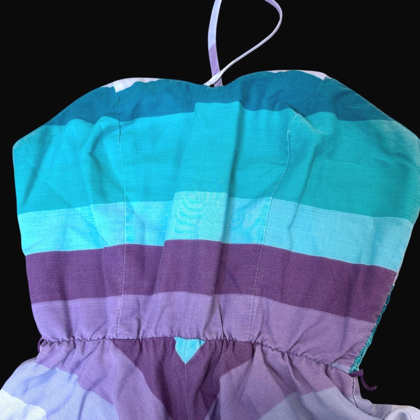 Vintage Chevron Stripe Halter Dress Teal Purple Smocked Back Sun Dress Size 11
