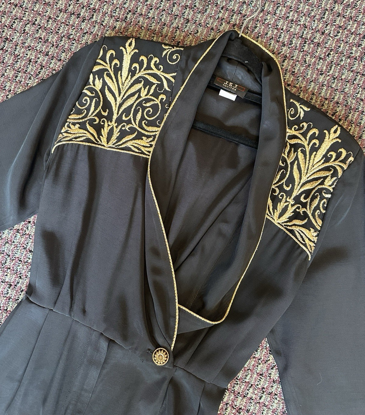 Vintage 80s New Wave Structured Jumpsuit Black Gold Embroidered S
