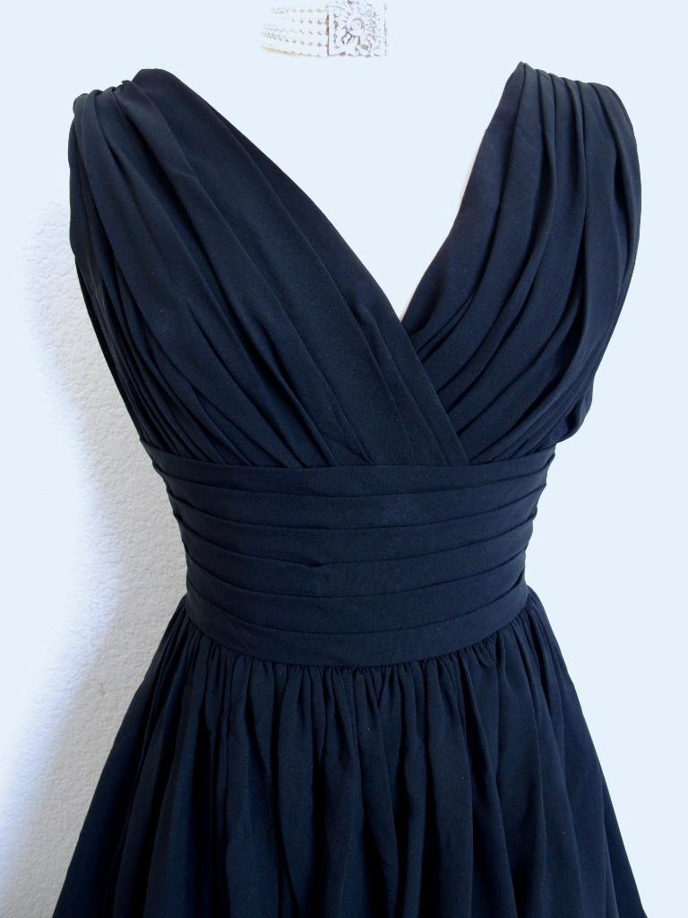 Vintage 50s Miss Elliette Black Cocktail Dress XS Bombshell Ruched Full Skirt