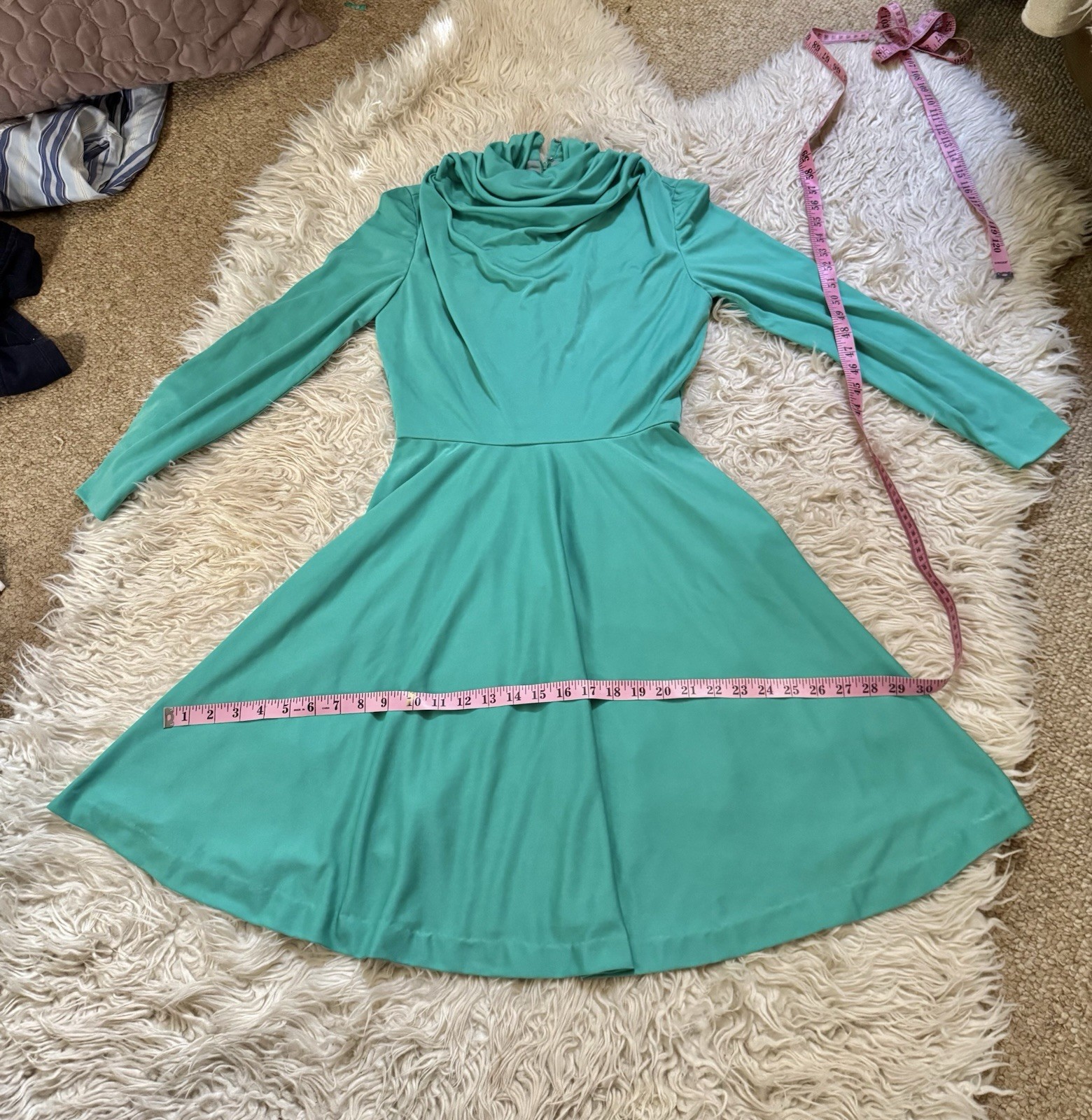 Vtg Lilli Diamond Green Cowl Grecian Draped Jersey Dress 60s Goddess LS XS S