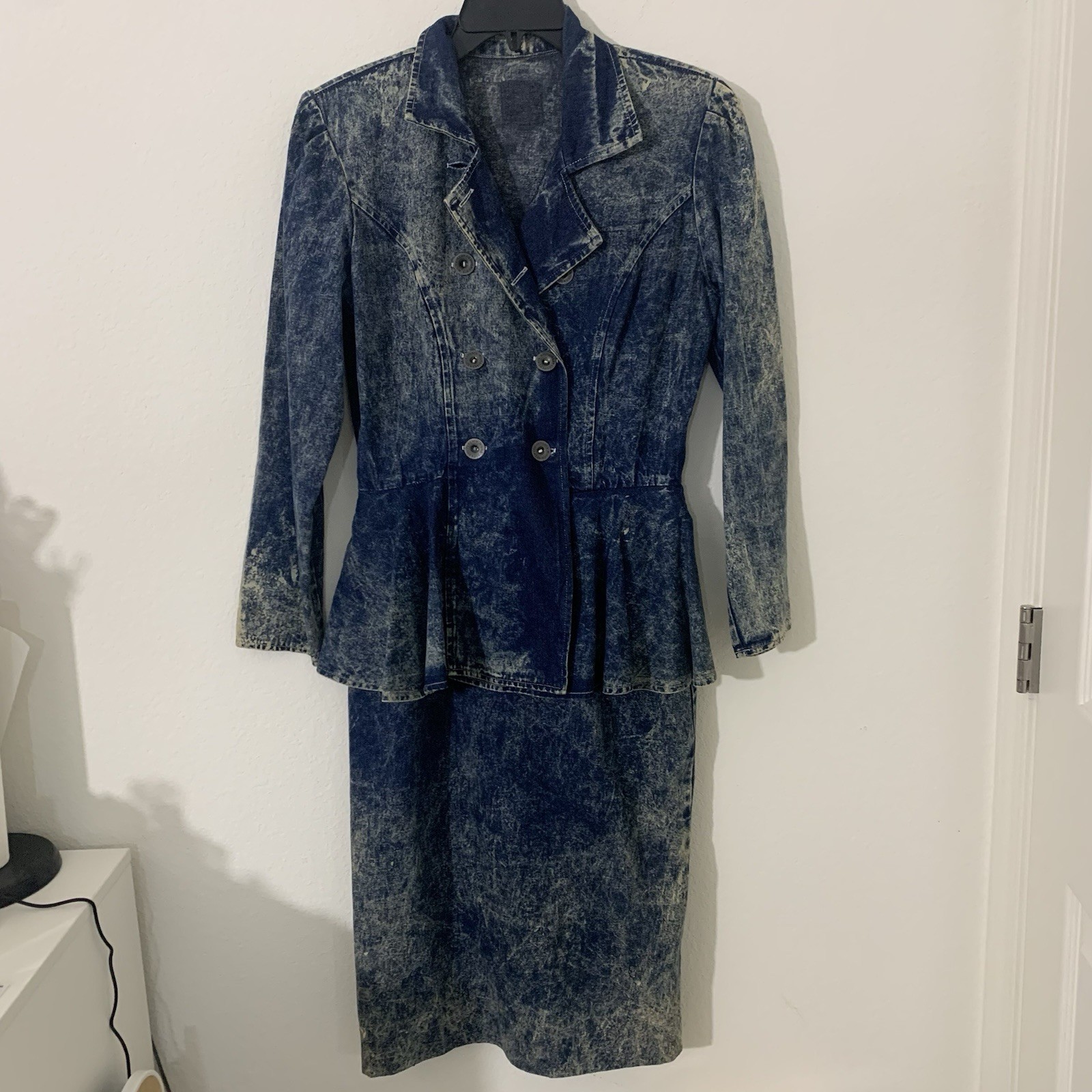 Vtg Militaires Equipments Women’s Denim Dress M/L Acid Wash Collared L/S Ruffle