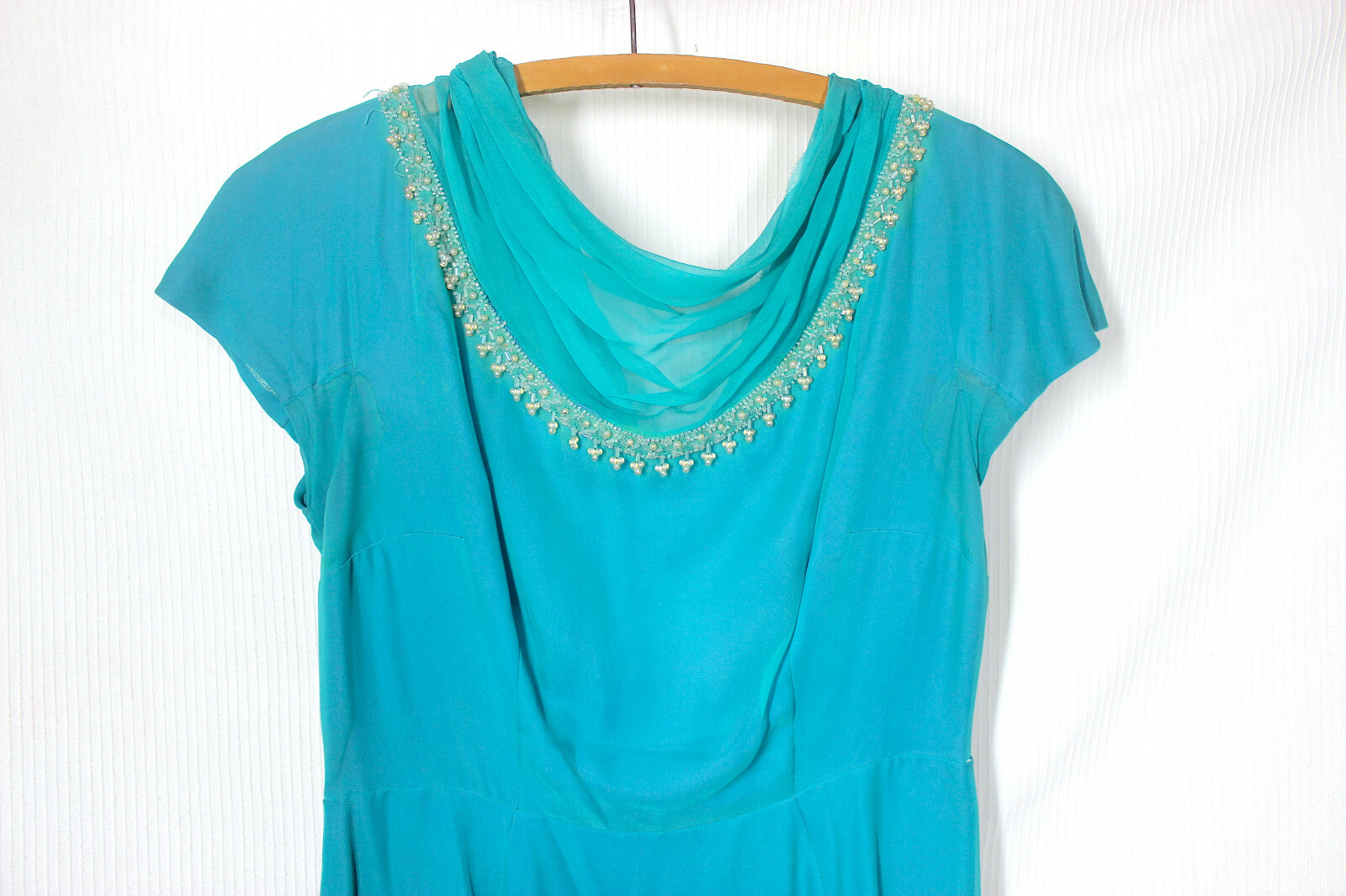 Vtg 50s Ocean Blue Silk Crepe Dress L Cameo Cowl Neck Pearl Beading Pinup Rare