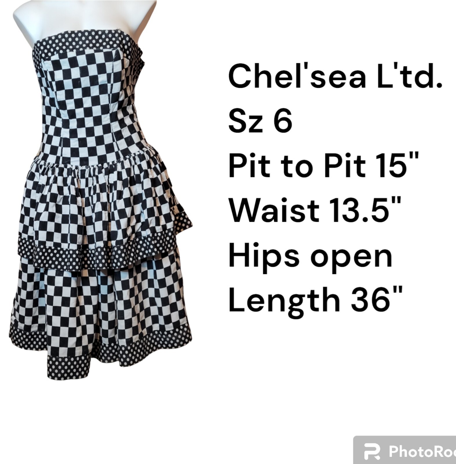 Vintage 80s Strapless Party Dress Black And White Checkered Chel’sea L’td