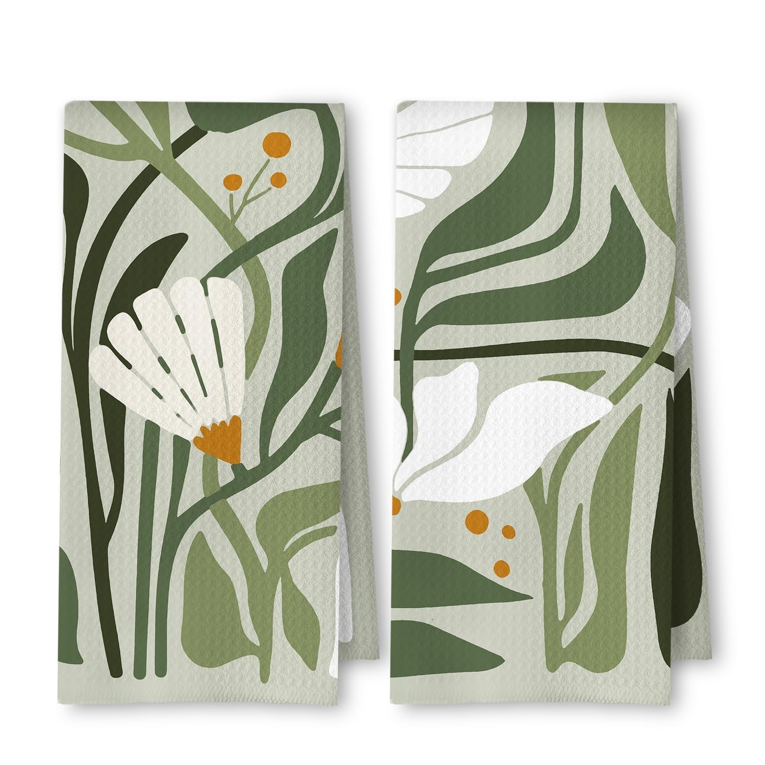 Abstract Boho Sage Green Floral Kitchen Towels Set of 2, 70s Retro Groovy Boh…