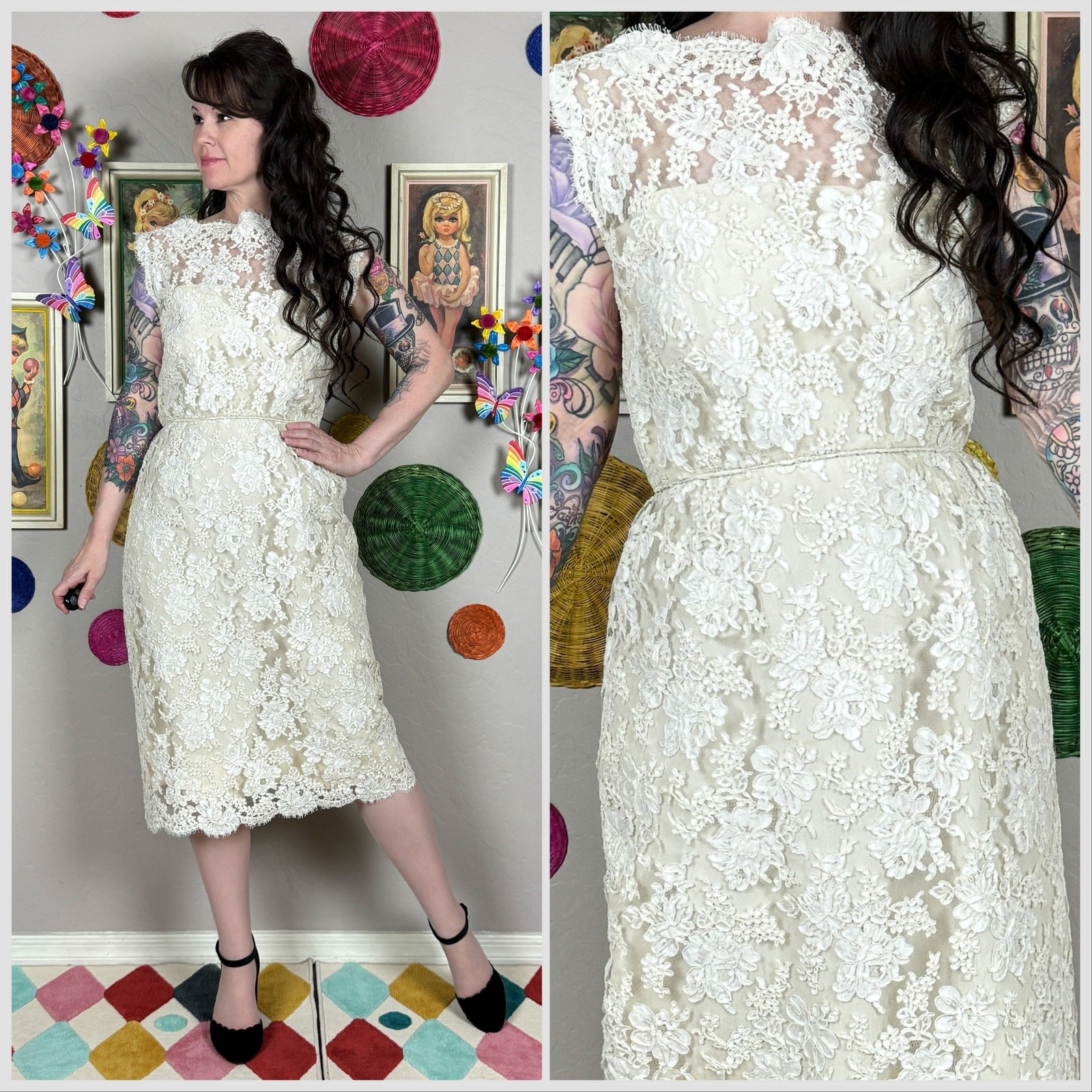 Vintage 1960s Sleeveless Ivory Alencon Lace Illusion Sheath Dress | 27″ Waist