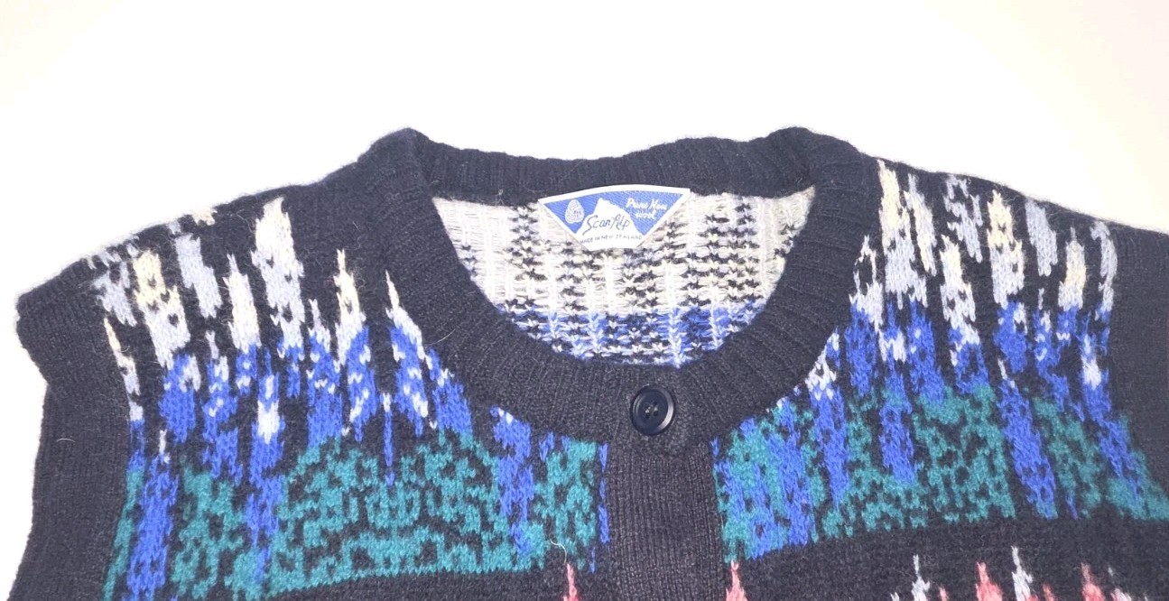 Vtg Scan Alp New Zealand Alpine Themed 80s PURE WOOL Knit Boho Ski Vest Womens L