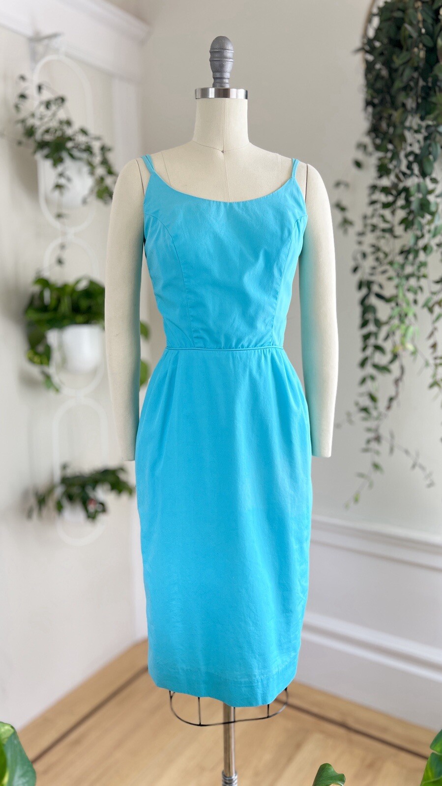 Vintage 1950s 1960s Blue Cotton Spaghetti Strap Wiggle Sundress Pin Up Day Dress