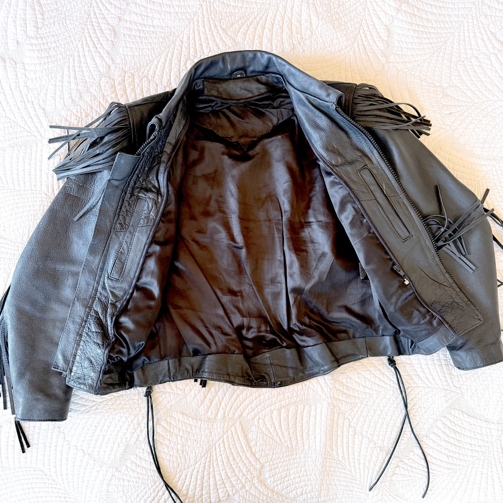 Vintage Women’s Harley Davidson Black Fringe Laceup Leather Biker Jacket Size M