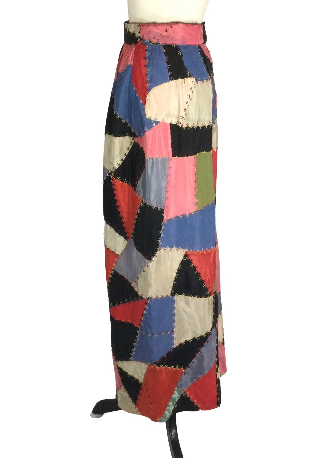 vtg 60S 70S ANTIQUE PATCHWORK CRAZY QUILT EMBROIDERED dress SKIRT 32 cottagecore