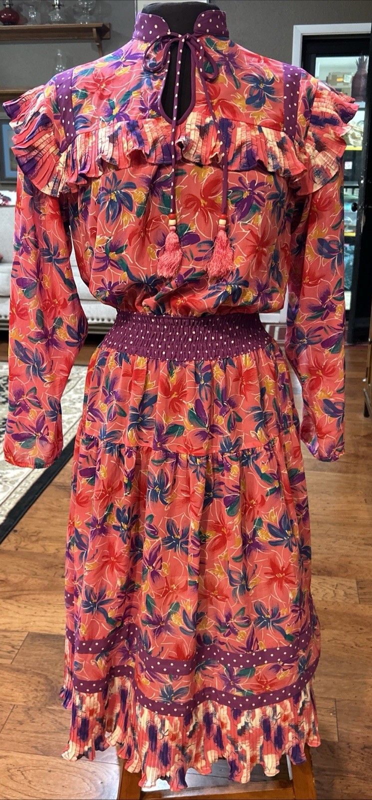 Vintage Lachine Hong Kong Pleated Ruffle Pink Purple Long Sleeve Dress P Small