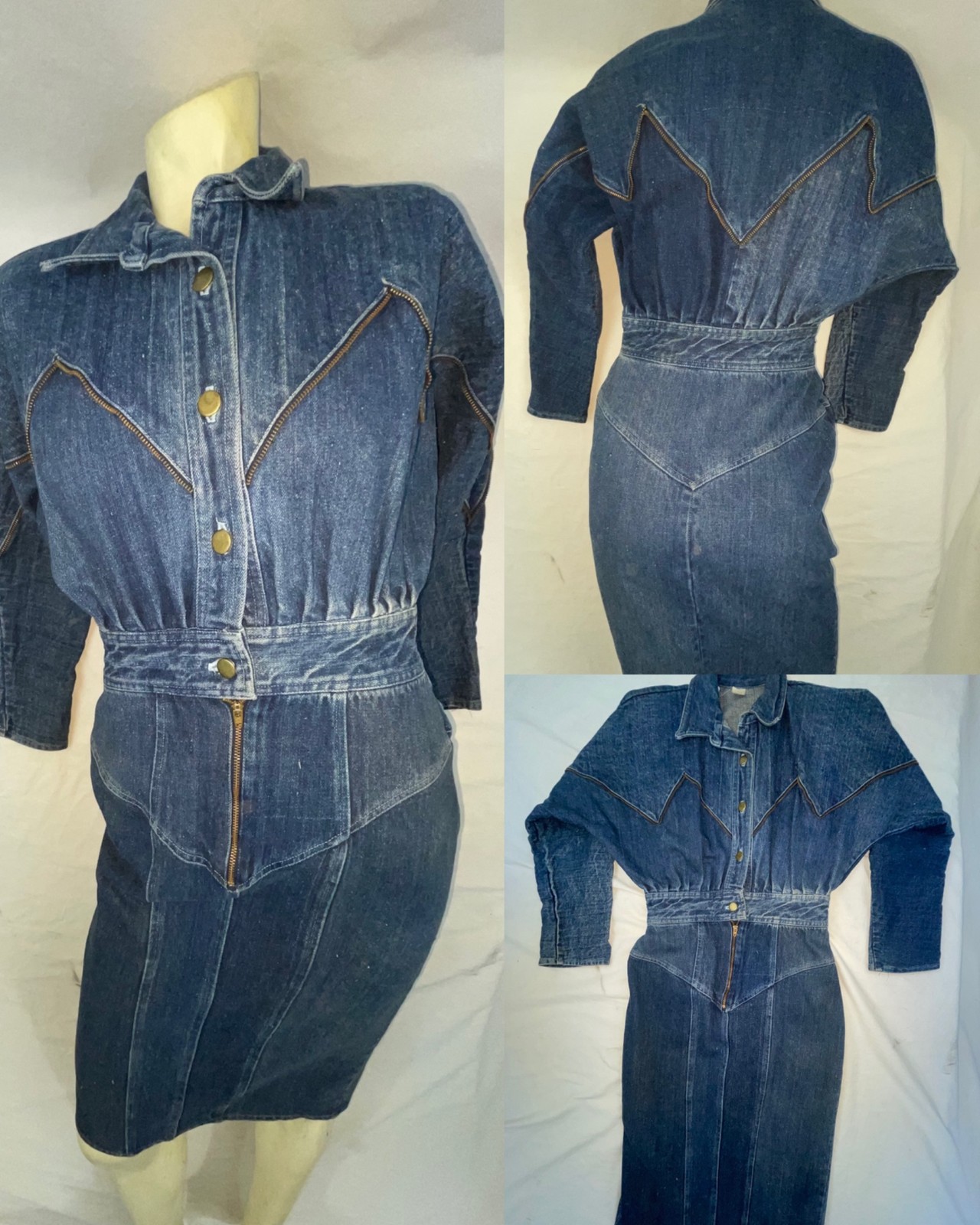 VTG 80S RETRO WOMENS 7/8 S DARK DENIM JEAN ZIPPER TRIM NEW WAVE BUTTON ZIP DRESS