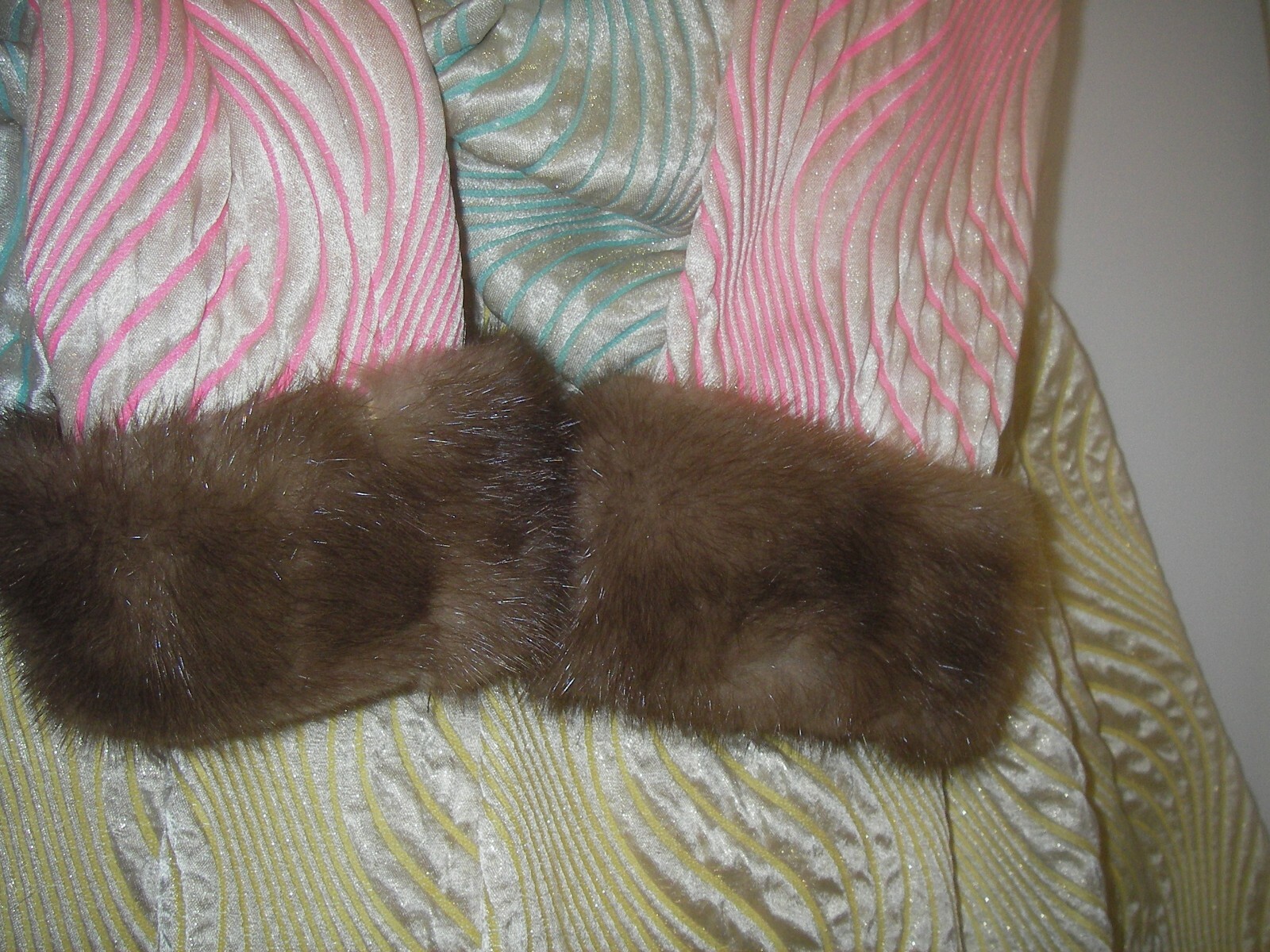 Vintage 1960s Kiki Hart Saks Fifth Ave Brocade Dress Mink Fur Cuffs Sash Belt