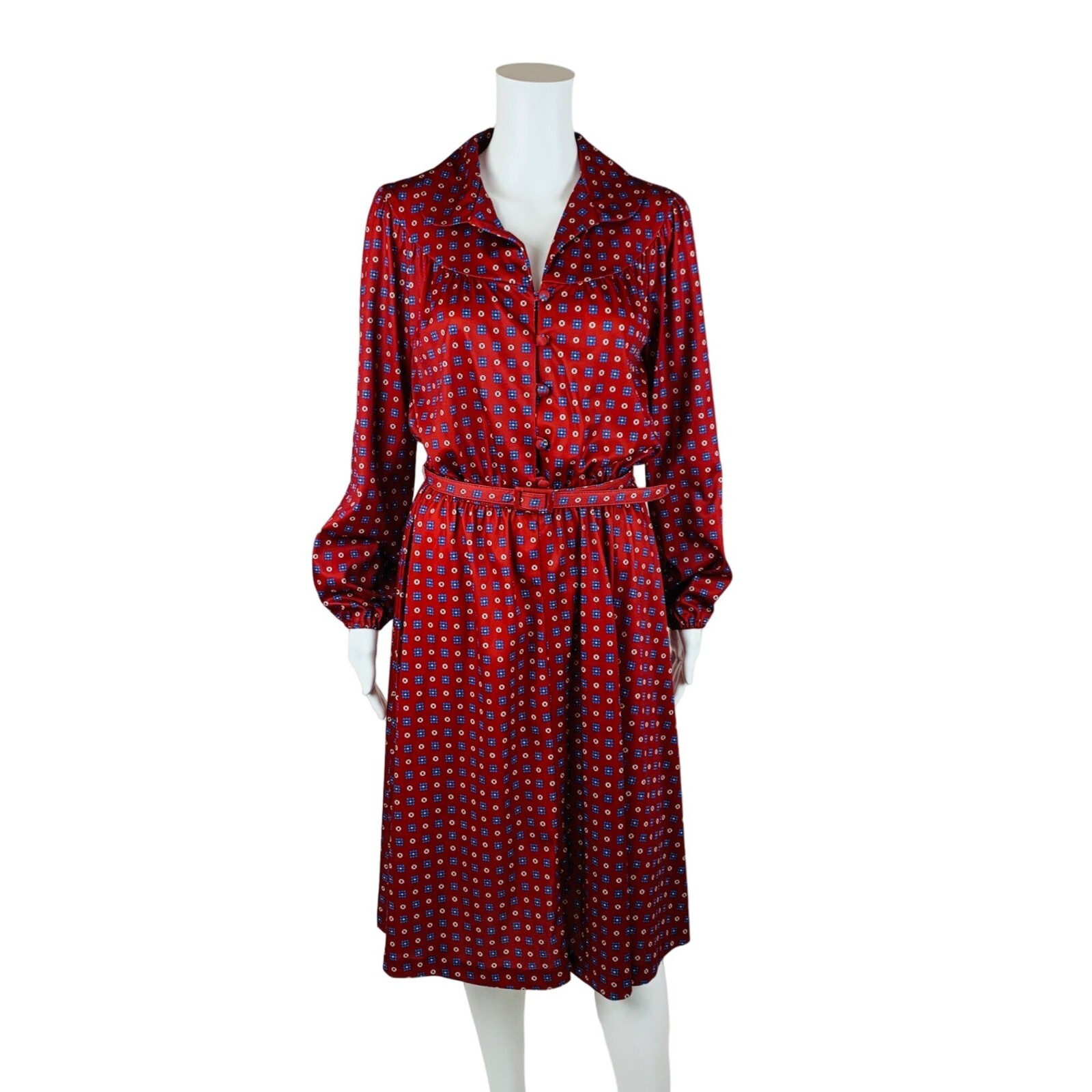 Vintage 1970s Belted Dress Red Blue Patterned Fit & Flare | W 28-40″