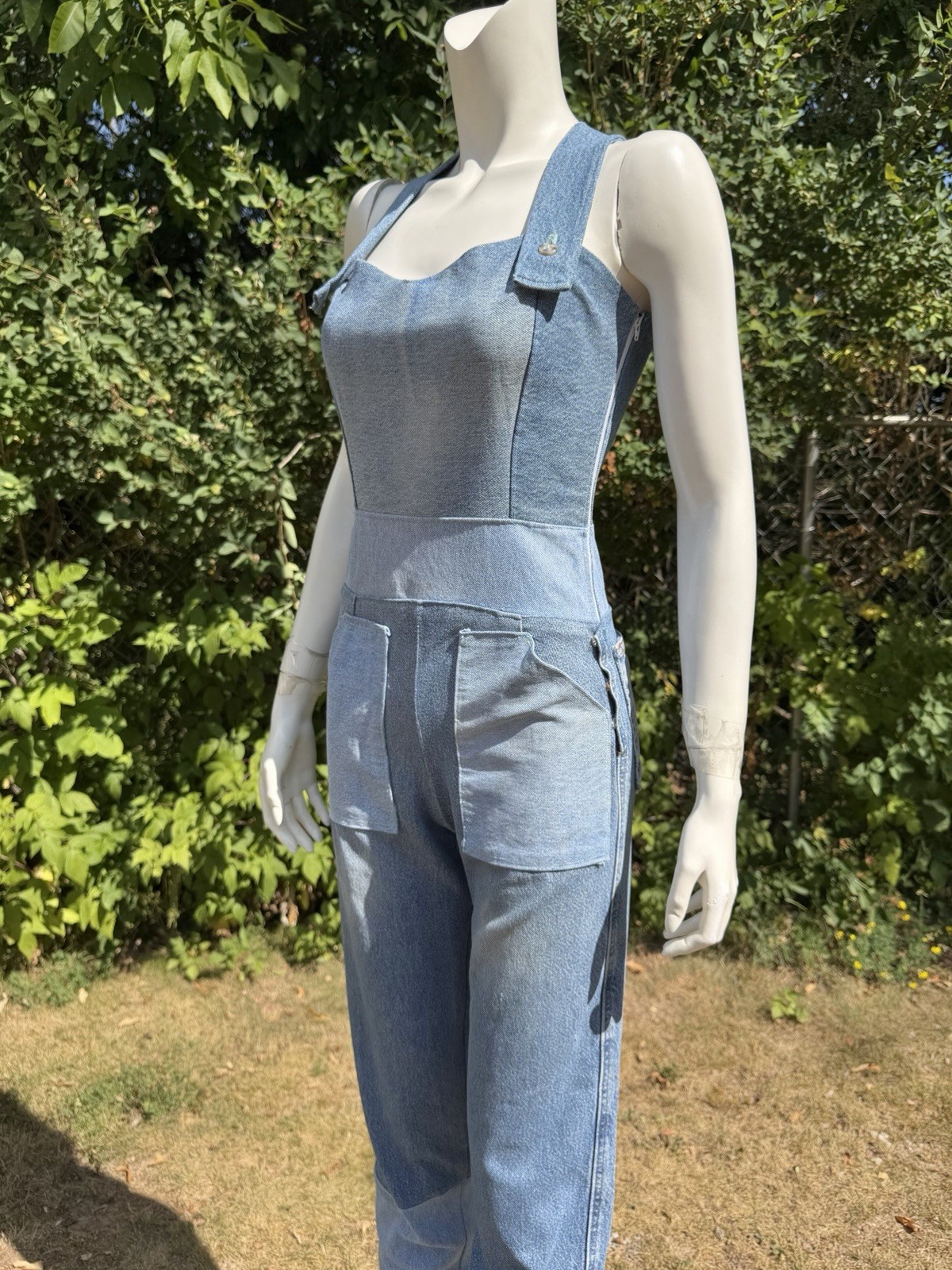Vintage DENIM JUMPSUIT Patchwork 1980s 90s does 1940s Bib Overalls Distressed XS