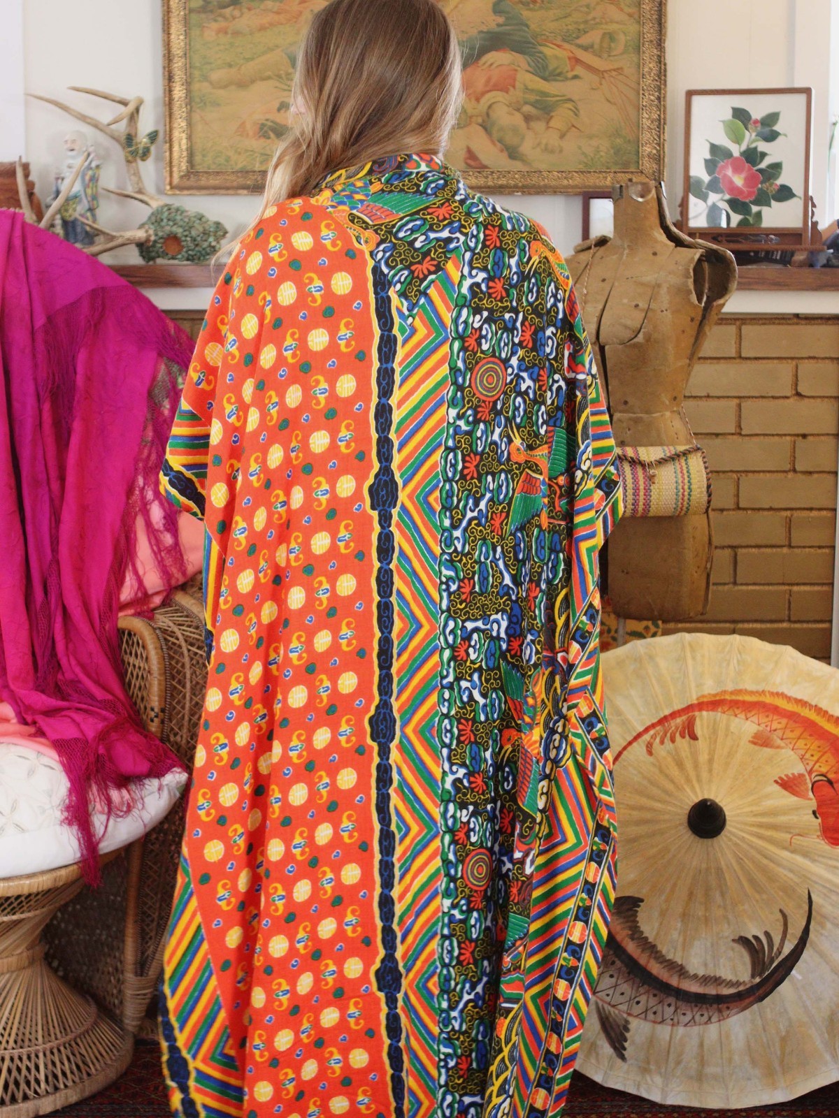 1960s Maxi Caftan Poncho Cape Psychedelic Pussy Bow Neck Phoenix Print Freesize
