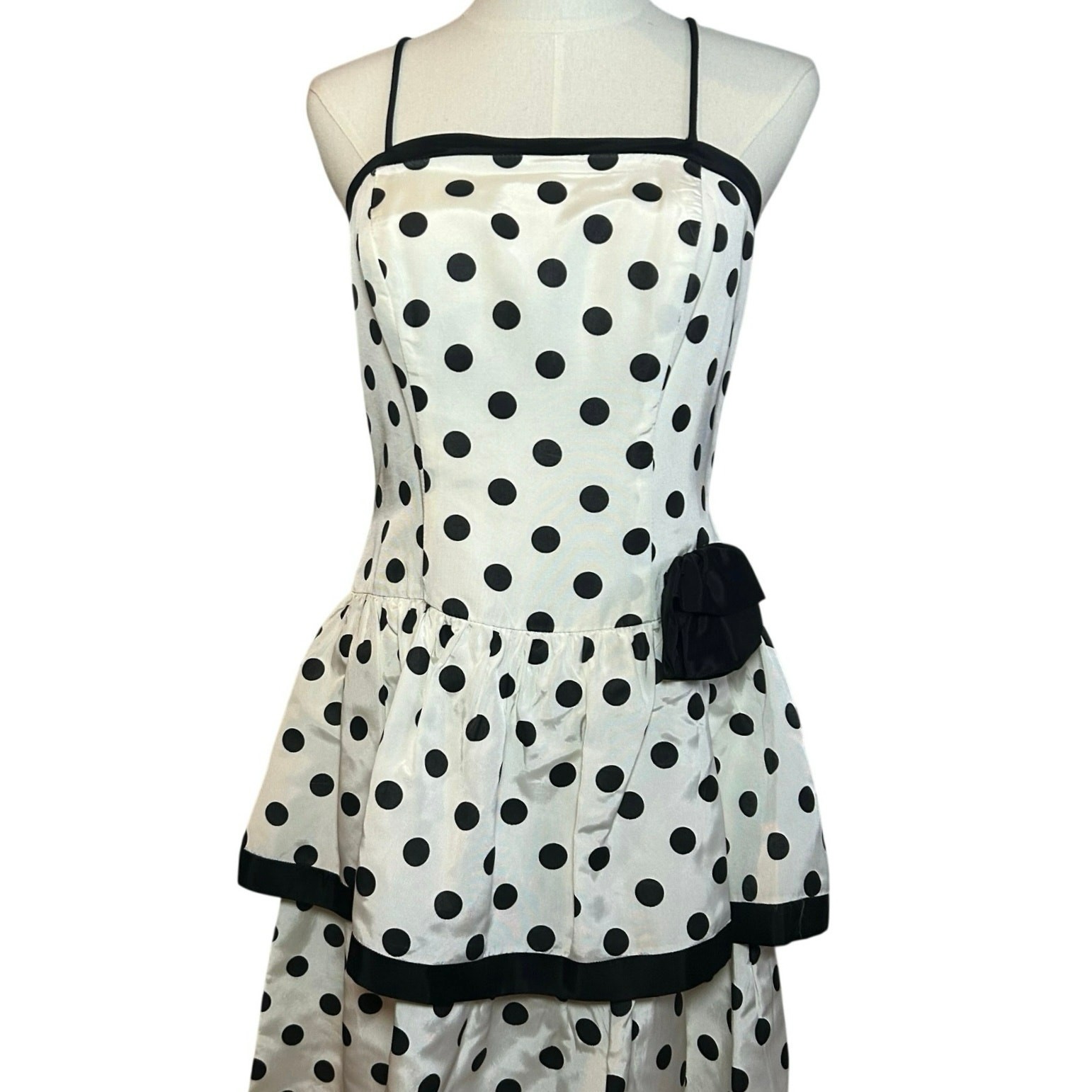 VTG 80s Stop Staring! Polka Dot B&W Medium Tiered Drop Waist Dress Rockabilly