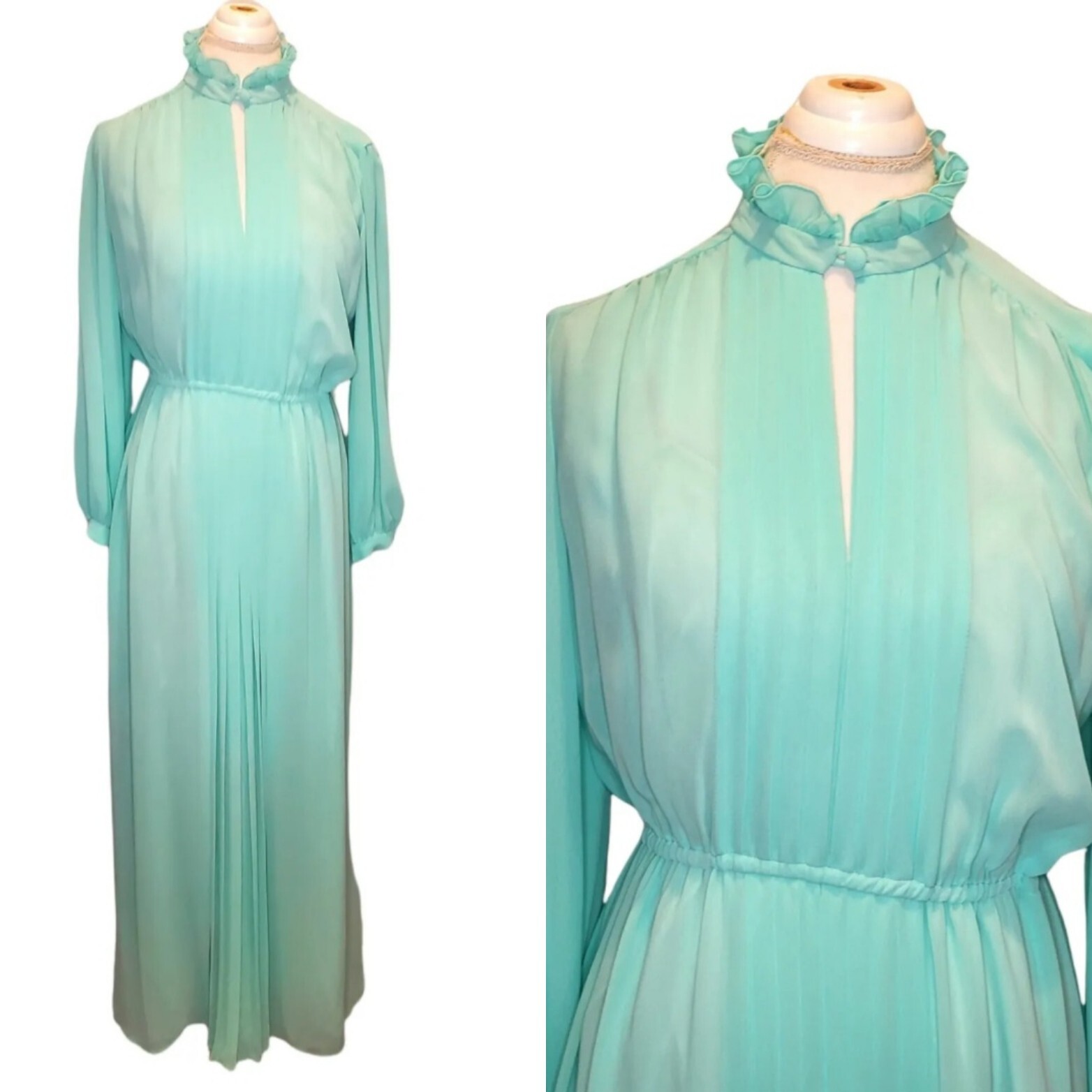 Medium 8 10 Mint Green Sheer Maxi Hostess Dress Longsleeve W Slip VTG 70s