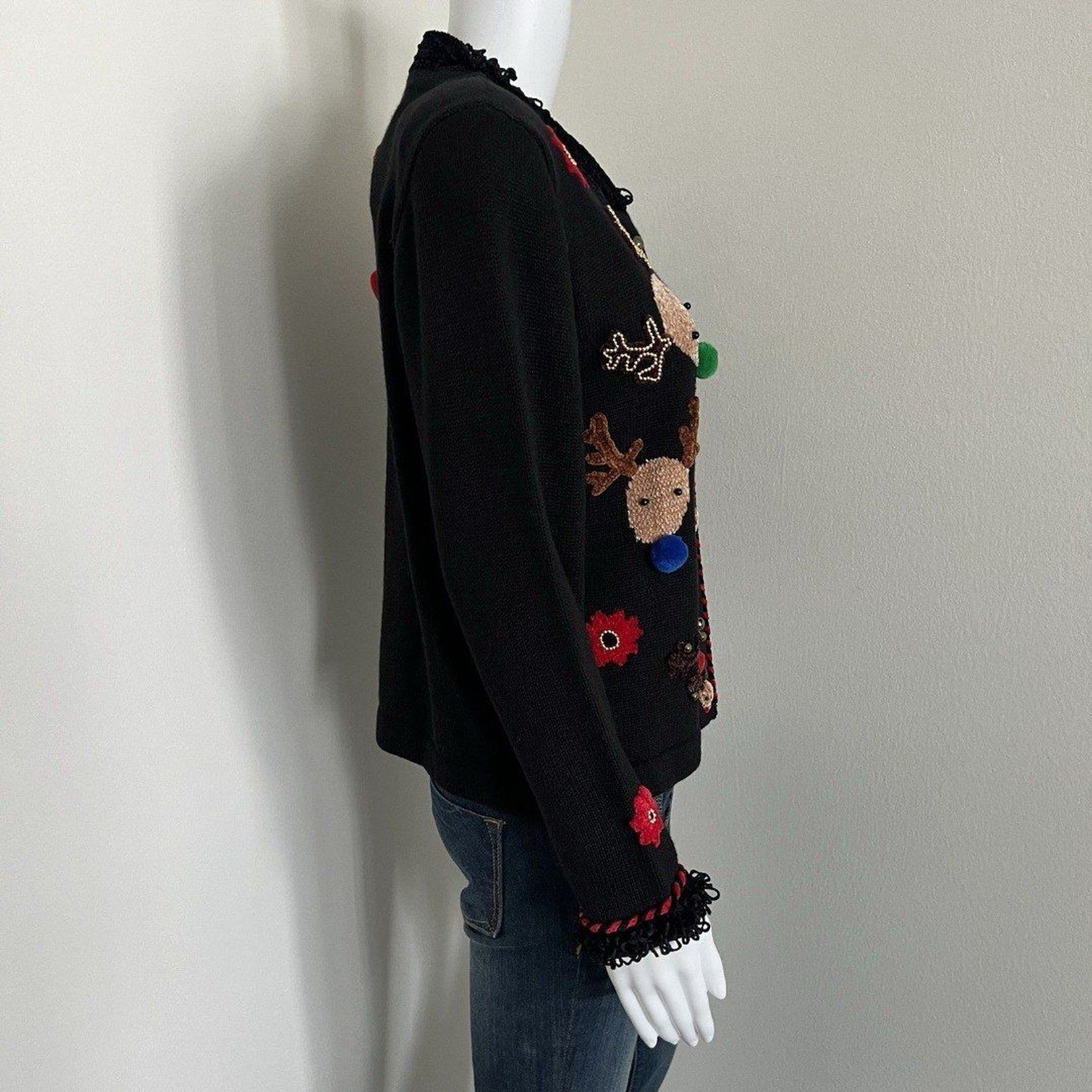 Vintage Jack B Quick Womens Christmas Cardigan M Black Reindeer New Old Stock