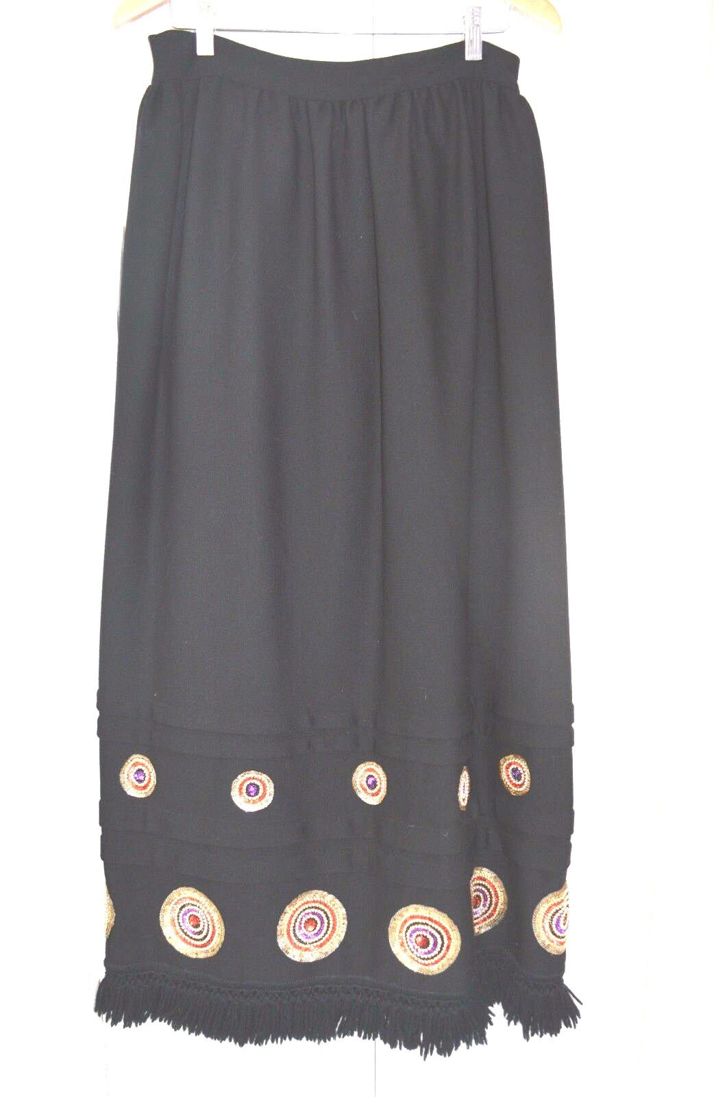 VINTAGE SKIRT LONG LENGTH BLACK FRINGE HEM SEQUIN ACCENTS 1970’s 28″ WAIST