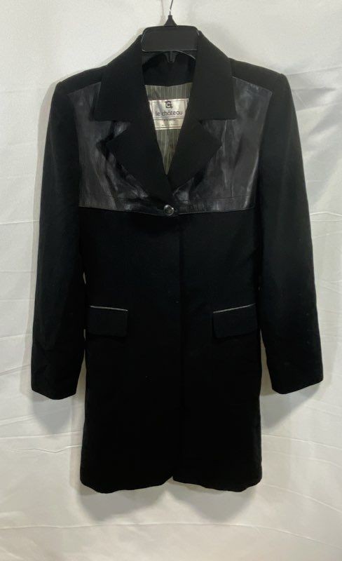 Vintage 90s Le Chateau Women’s Black Long Coat Made in France Plonge Trim