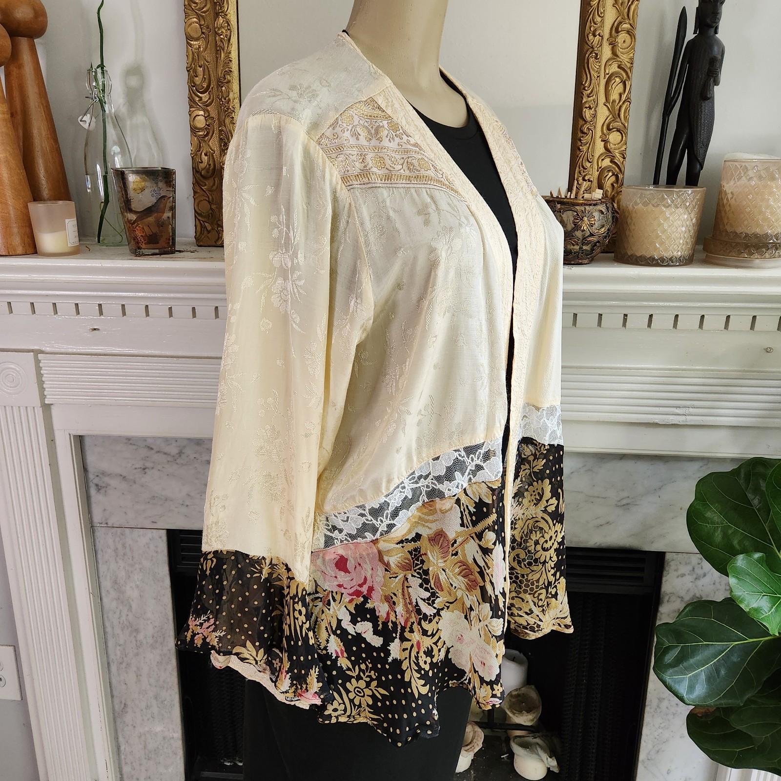 Vtg 80s Beige Patchwork Cardigan Sz 1X Jacket Jacquard Floral Boho Hippy Lace