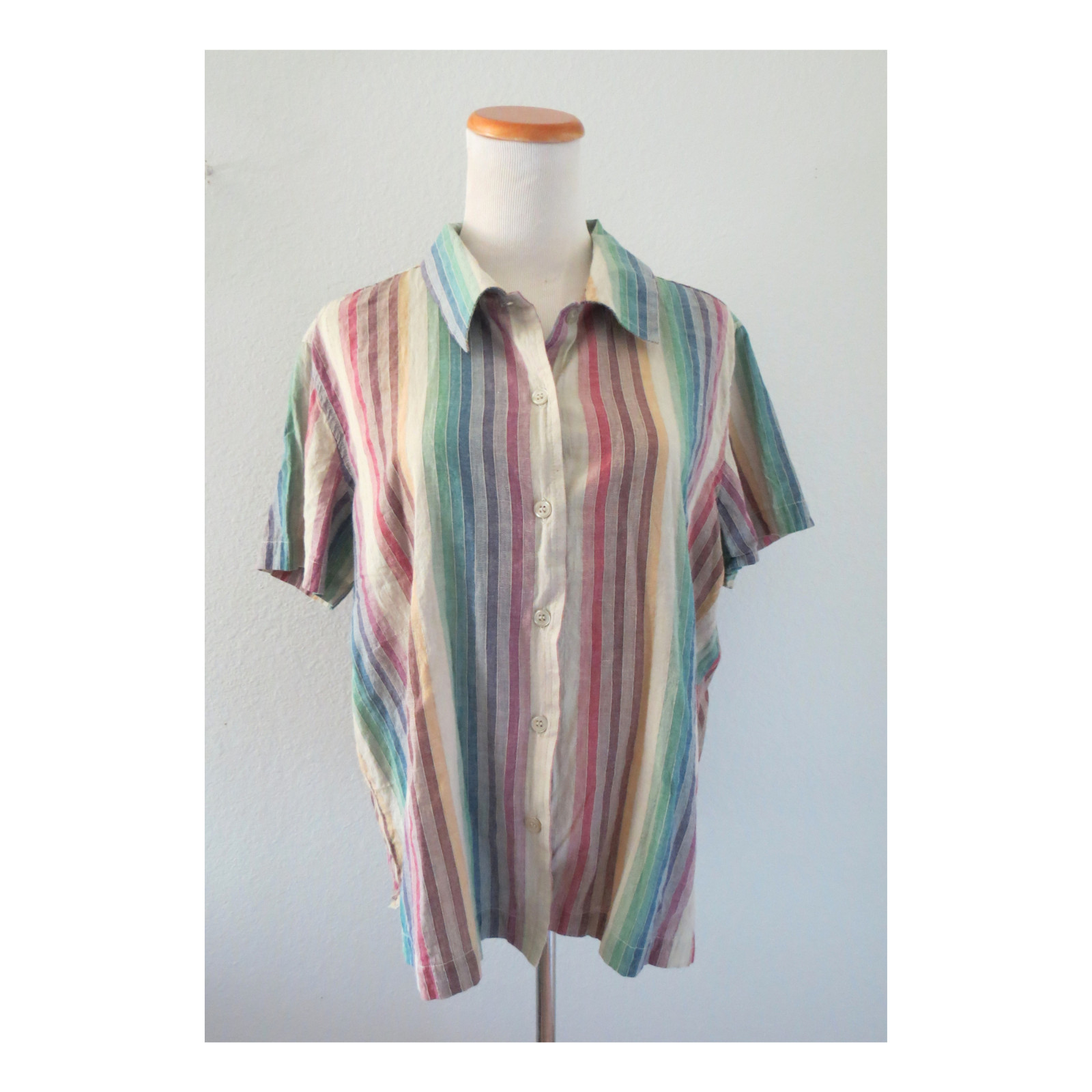 Vintage Rainbow Striped Blouse – Cotton Short Sleeve 90s Y2K Top – Large