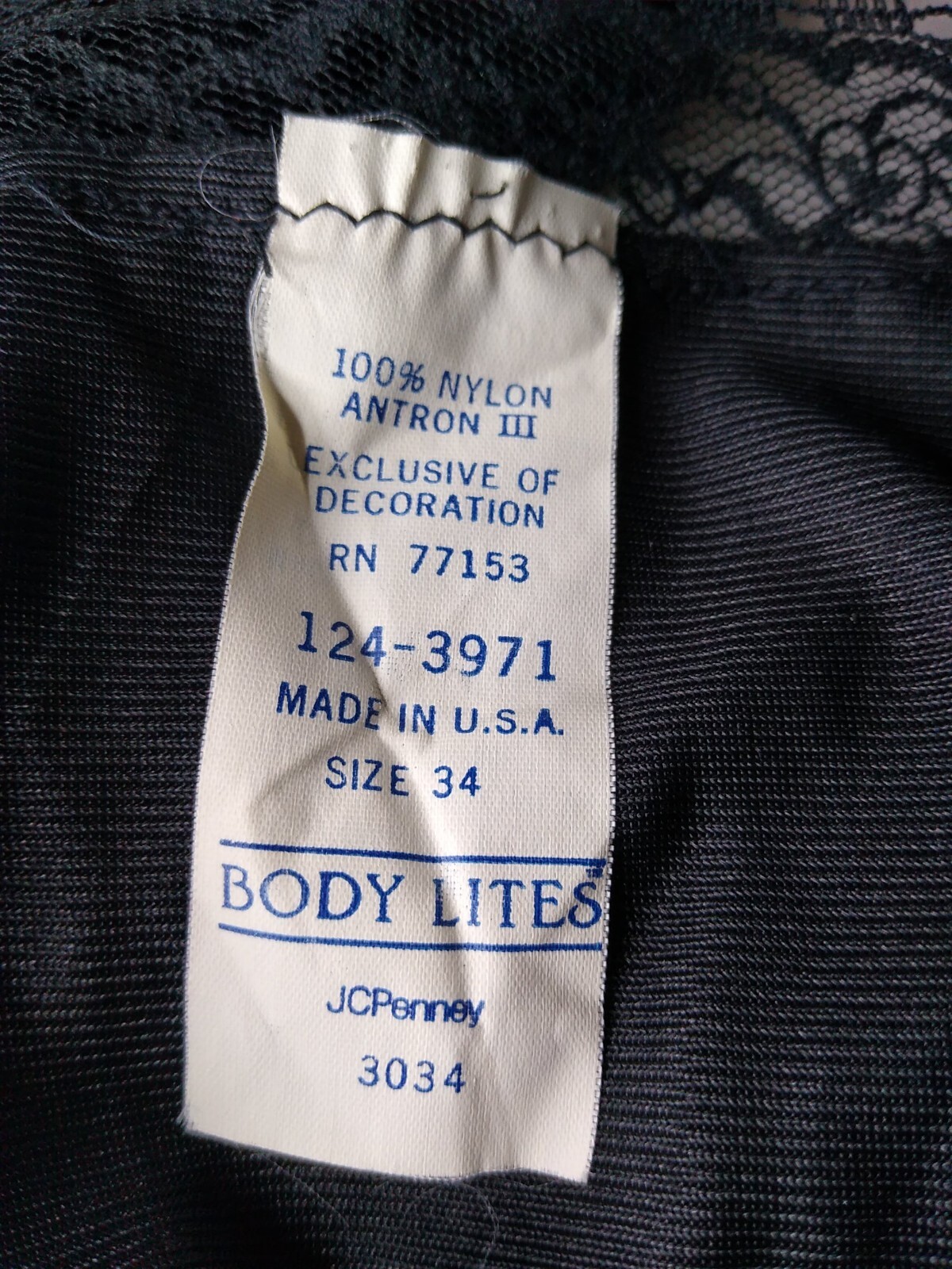 Vintage JC Penney Body Lites Full Slip Dress Nylon Lace Black Sz 34 Made in USA