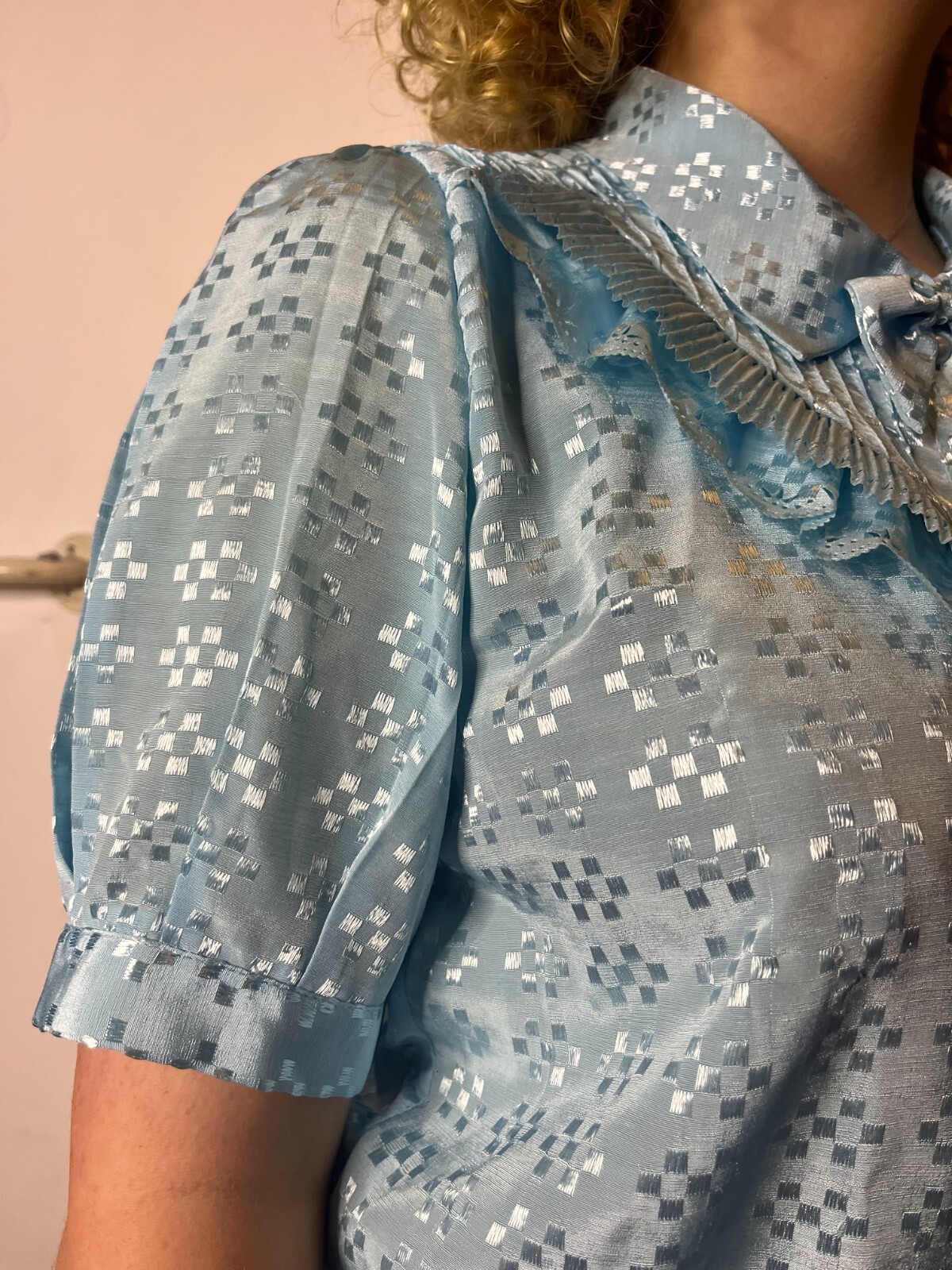 Vintage 1980s Collared Blouse Lace Ruffles Bow Detail Pearl Buttons AU 14