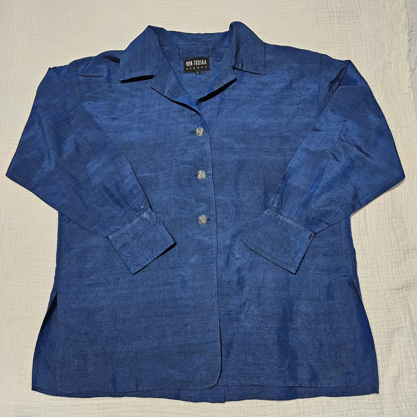 VTG Quiet Luxury Von Troska Sydney 100% Pure Silk Blue Shirt Large 80s 90s Boxy