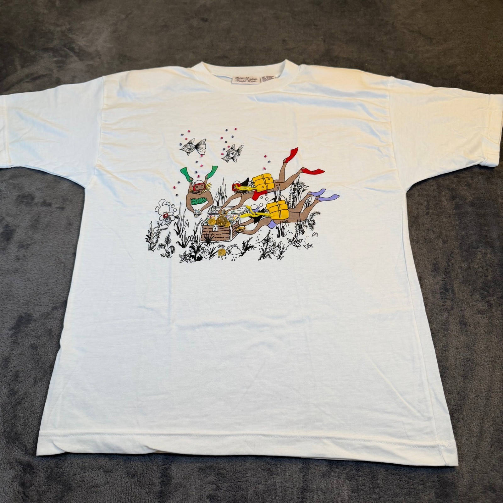 Palm Springs Yacht Club Scuba Graphic T Shirt Womens Medium White Beaded Vintage
