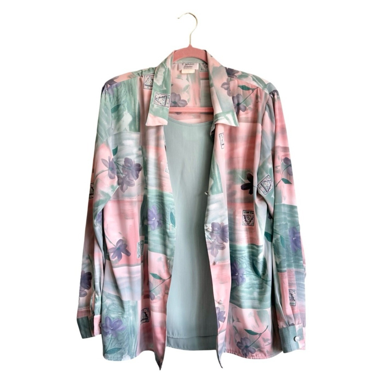 VTG 80’s 90’s 2-Piece Blouse Set Pastel Floral Patchwork Print Sz 14 Cottagecore